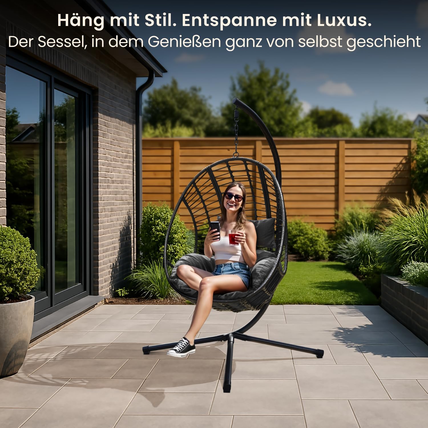 Swoods XXL Hängesessel mit Gestell - Hängesessel Für Indoor und Outdoor - Inkl. Kissen - Egg Chair - bis 150kg (Dunkelgrau)