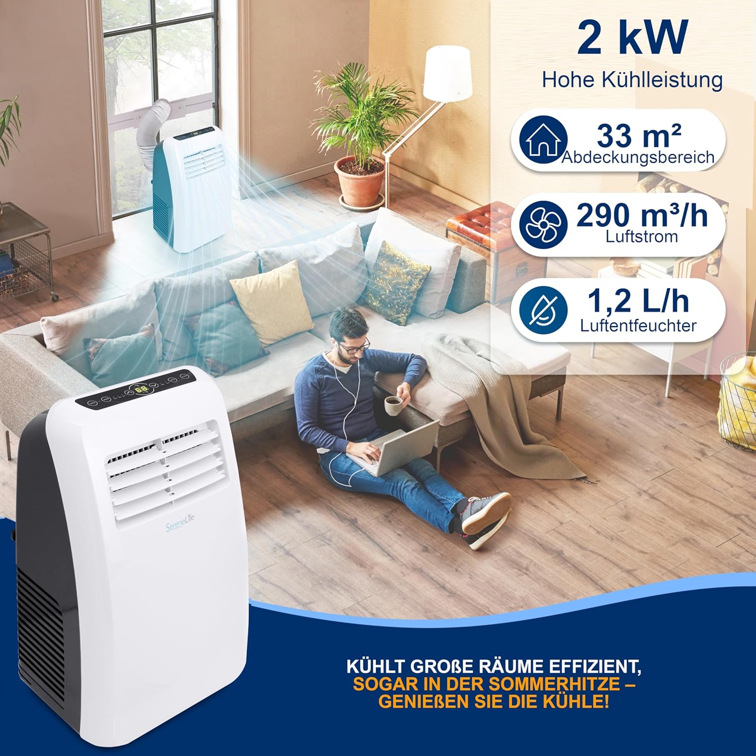 SereneLife Mini Klimaanlage mobil, 3-in-1 mobiles Klimagerät mit Abluftschlauch – Luftkühler, Luftentfeuchter & Ventilator, Air conditioner – 9.000 BTU, 1,5L Feuchtigkeit/Stunde, kühlt Räume bis 42 m2