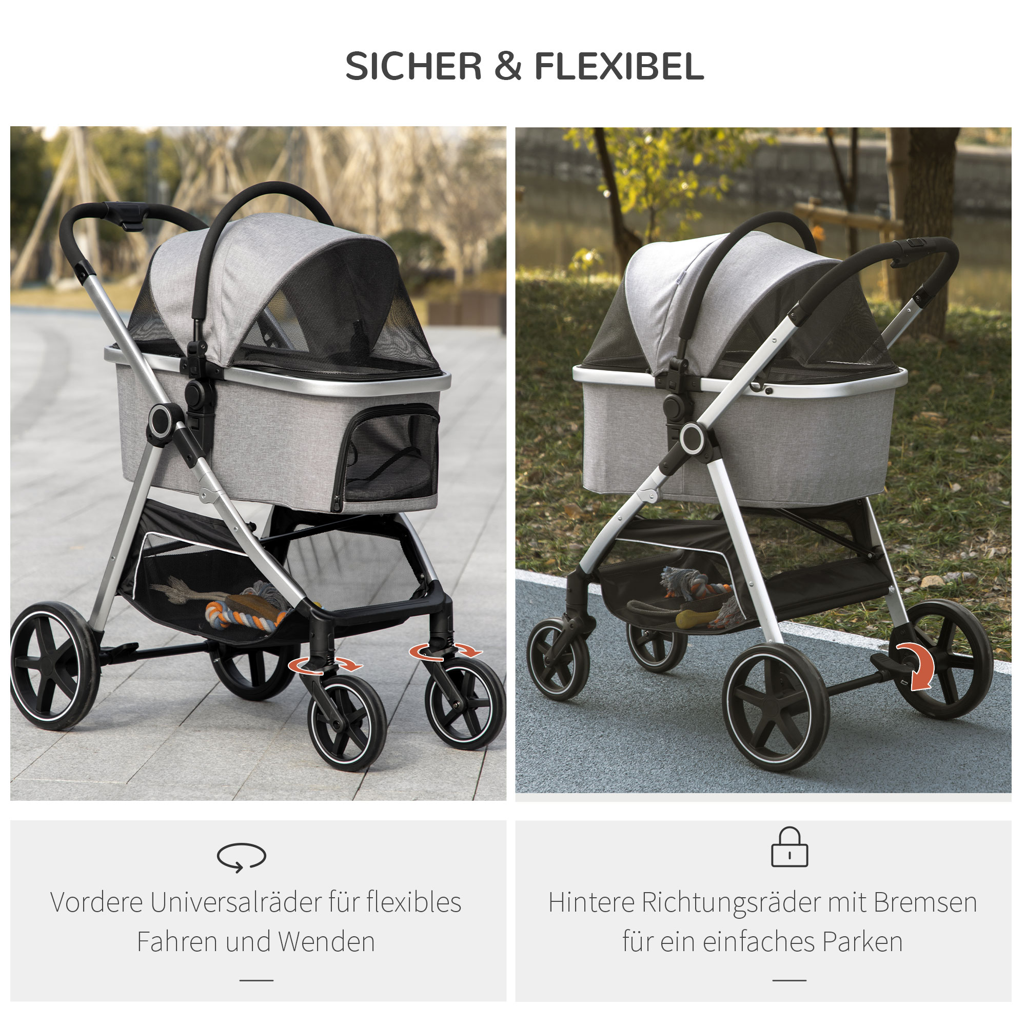 hondenkar, 2-in-1 hondenwagen, draagtas, opvouwbare hondenbuggy, grijs