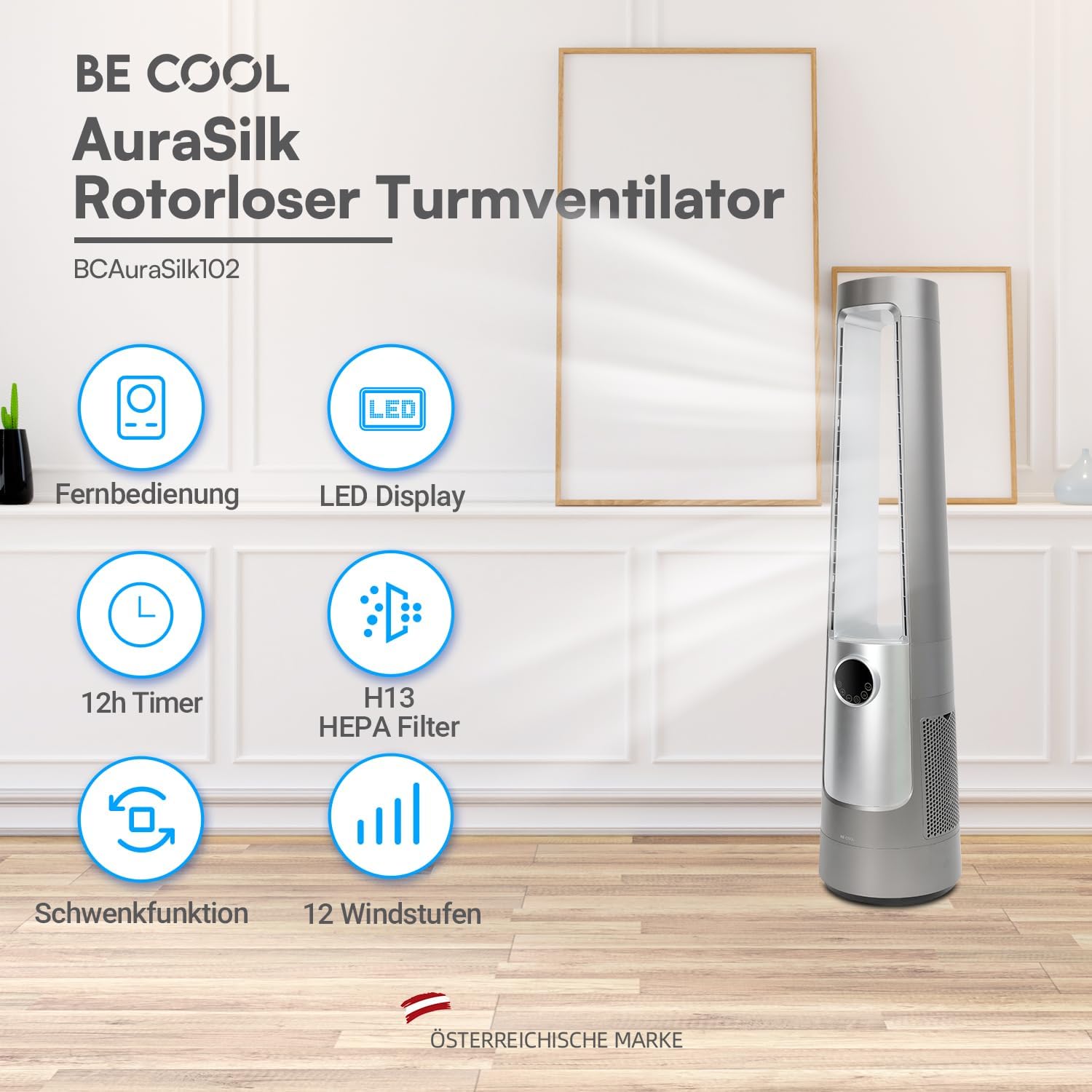 BE COOL AuraSilk Turmventilator 103 cm mit H13-HEPA Filter, rotorlos, 12 Stufen, 55 W DC-Motor, Fernbedienung, Timer, Schwenkfunktion, Luftreiniger