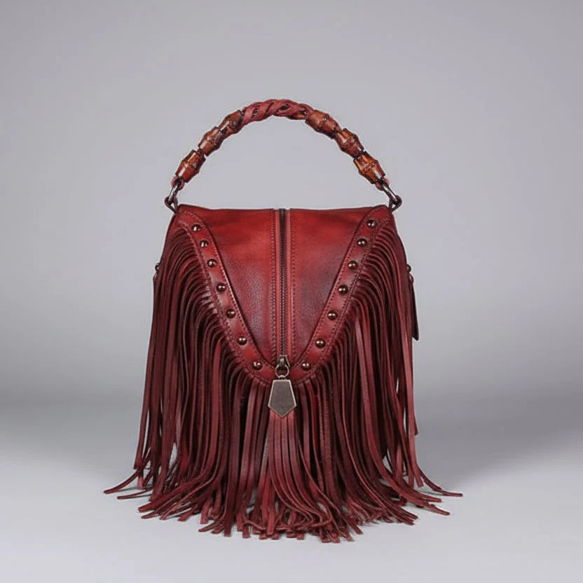 Full Grain Leather Fringe Handbag with Bamboo Handle