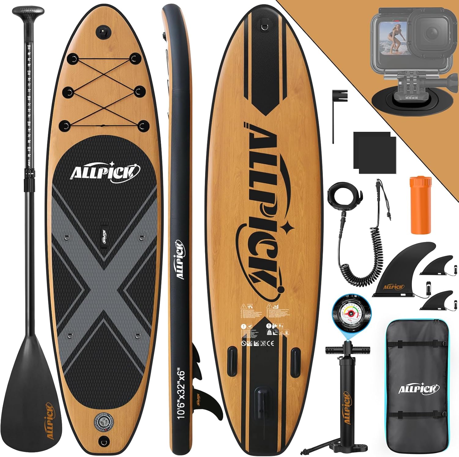 ALLPICK Premium SUP Board Set, Stand Up Paddling Board Aufblasbar, Mit Universal Kamerahalterung, Komplettes Zubehör, Verstellbares Paddel, Anfänger, Fortgeschrittene, 200kg