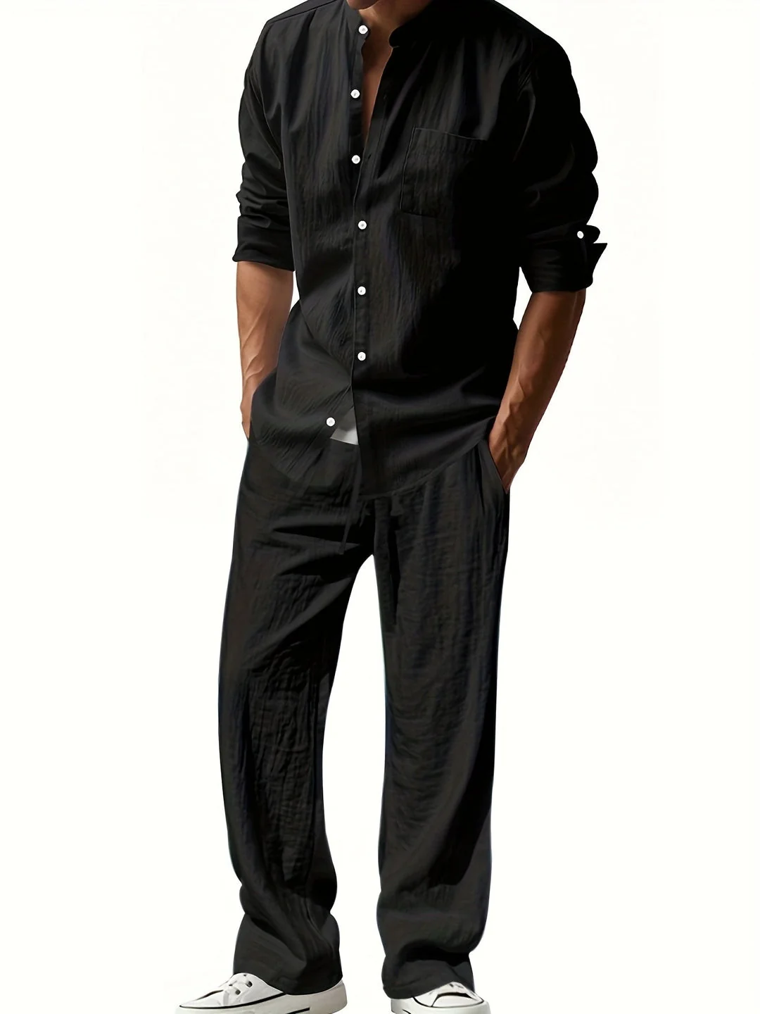 Leinen Set Herren | Luftiges Sommer Set aus atmungsaktivem Leinen mit Stehkragen Hemd und Relaxed Fit Hose f��r den Urlaub