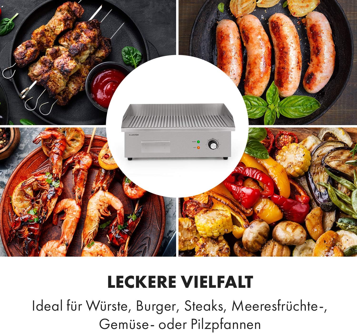 Klarstein Elektrogrill, Grillplatte, Elektrische Grillplatte, Tischgrill, Elektrogrill aus Edelstahl, Spritzschutz & Auffangbehälter, Glatte XL Grillfläche: 54,5x35 cm, Stufenlos 50-300 °C, 3000 Watt