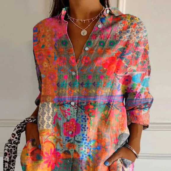 Damen Tunika Bluse mit Boho Print | Leichte Sommerbluse mit V-Ausschnitt und bunten Mustern | Locker geschnittene Hemdbluse