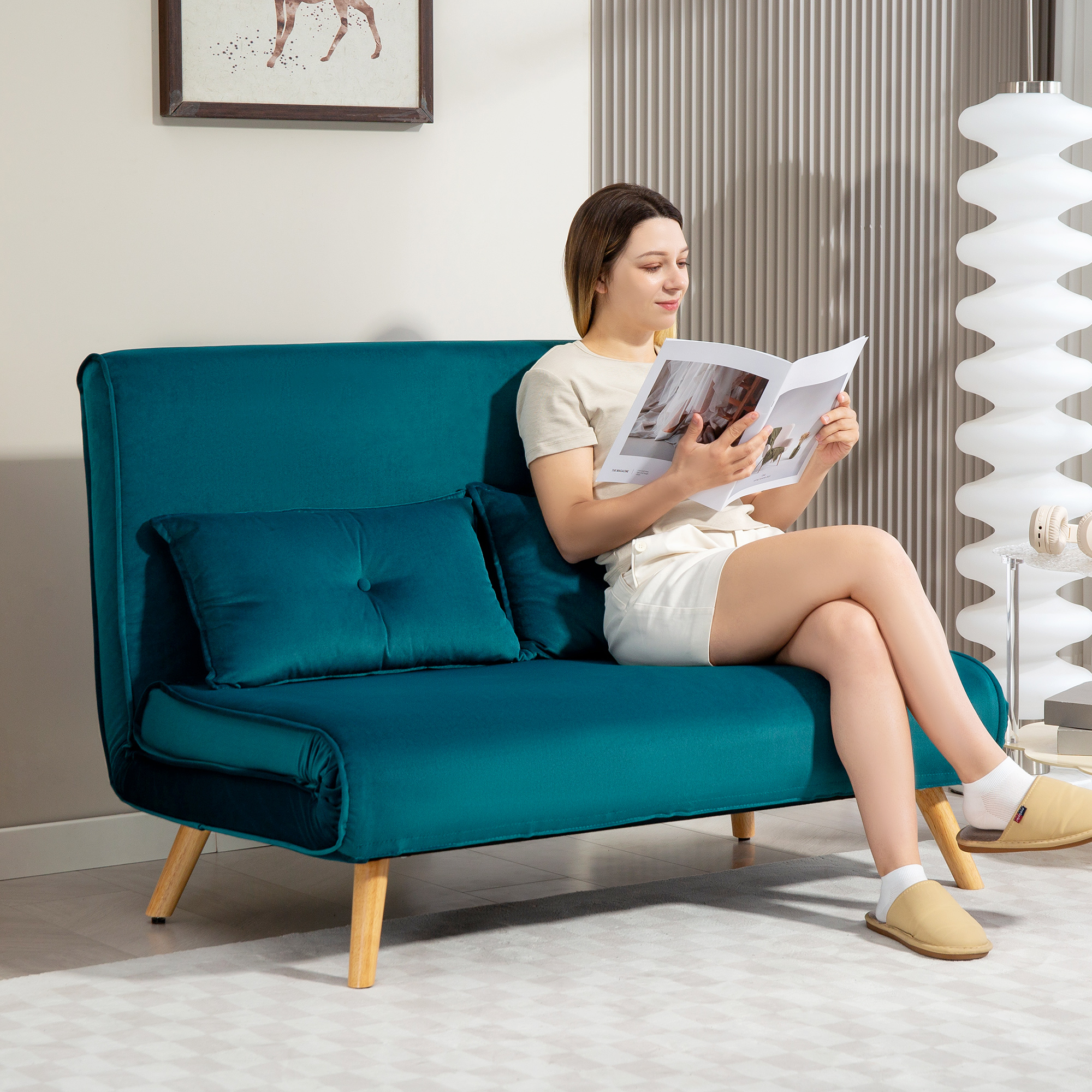 2-Zits Slaapbank, Bedbank, in Bed om te Toveren Couch, Verstelbare Rugleuning, Stofbekleding, Metalen Frame, Groen