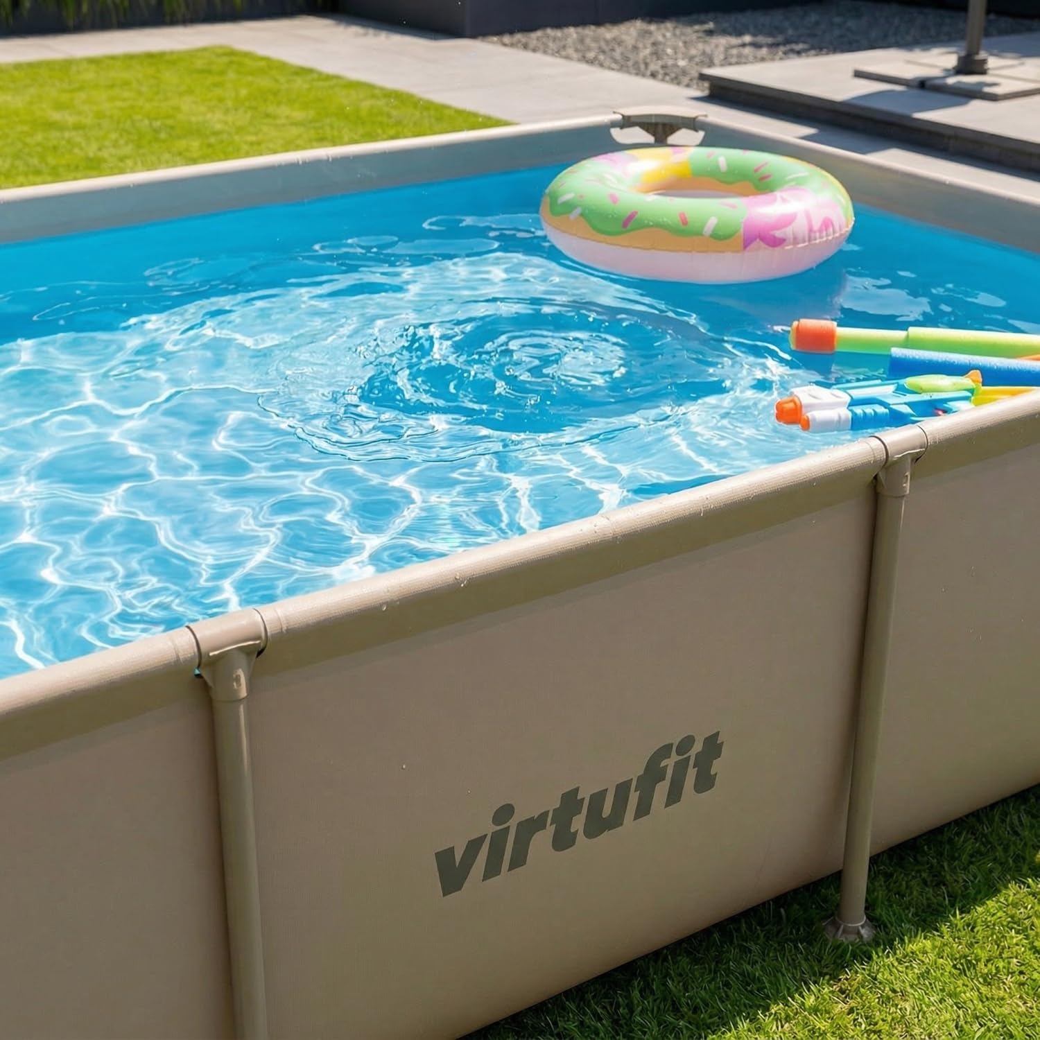 VirtuFit Piscina rectangular de 260 x 180 x 66 cm, color beige, ahorra espacio, marco estable, incluye bomba de filtro