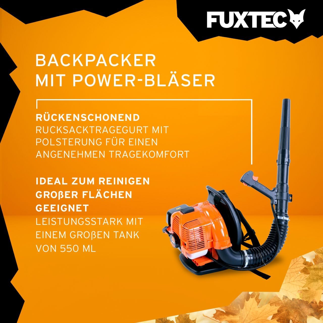 FUXTEC Benzin Laubbläser rückentragbar FX-LB133T – über 300 km/h – rückenschonend und tragbar für große Flächen – Rückenbläser, 2-Takt Blasgerät