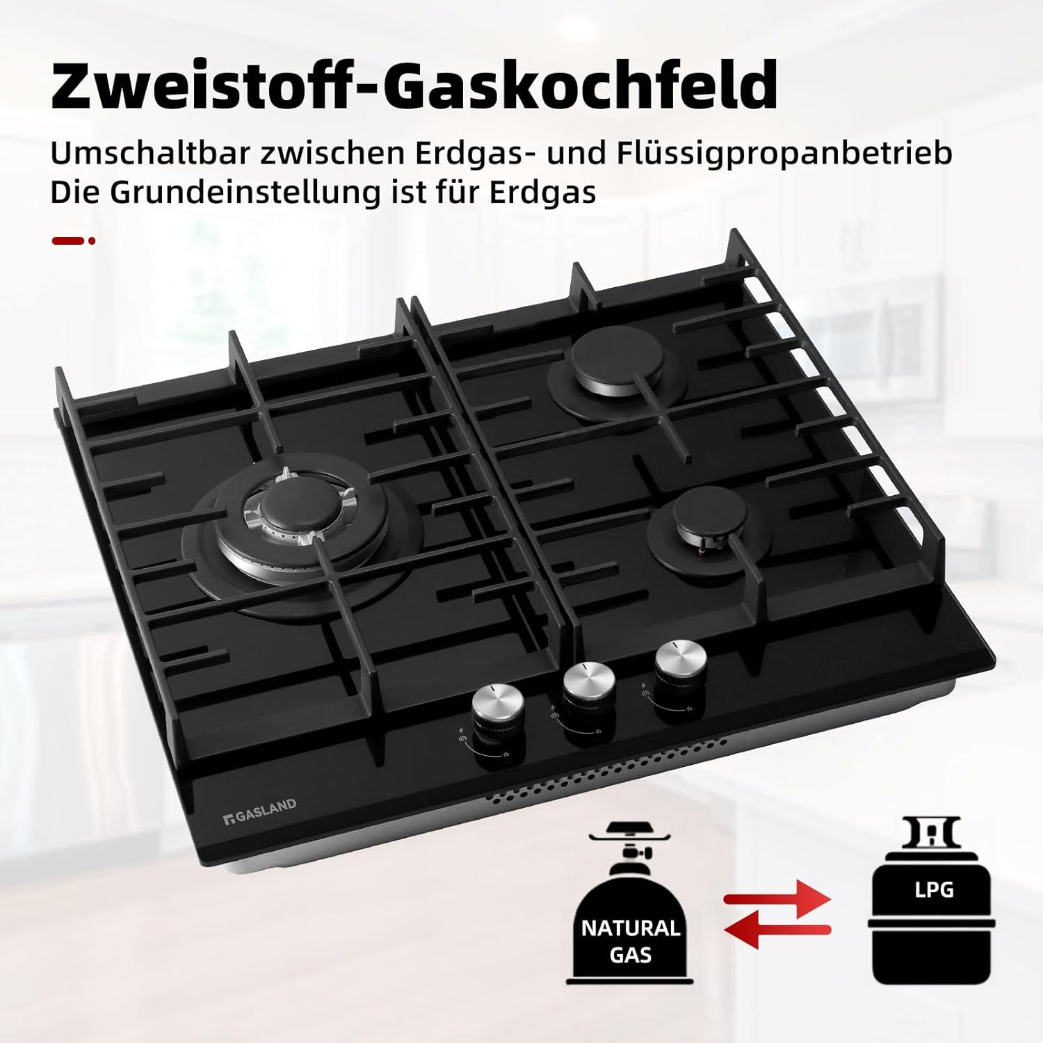 GASLAND GH60SF Einbau Gaskochfeld Edelstahl 4 Flammig, Gas Einbau Autark Gaskochfeld, 8000 W Butan-Gasherd, LPG/Erdgas