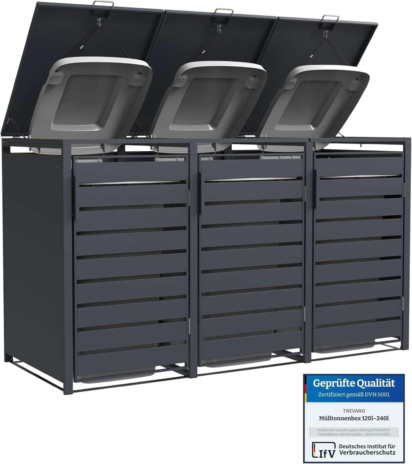 TREVANO Mülltonnenbox 3er 240l - Mülltonnenverkleidung 3 Tonnen Anthrazit - Robustes Mülltonnenhaus aus Stahl - Wetterbeständige Müllboxen für 3 Tonnen - Mülltonnen Unterstand 120l-240l