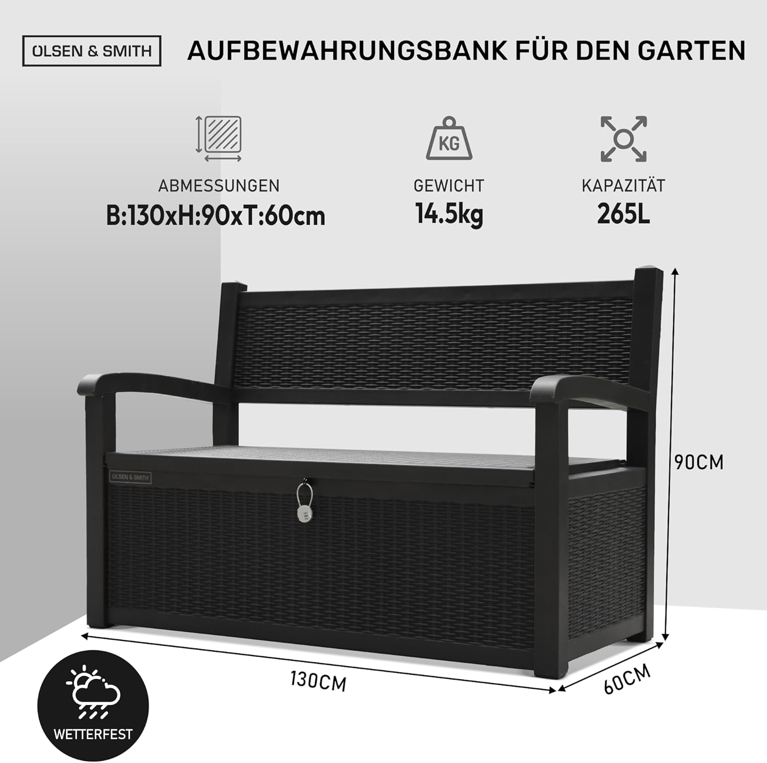 Olsen & Smith 265 Liter Gartenbank Wetterfest mit Stauraum Truhenbank Verschließbare Aufbewahrungsbox Auflagenbox Kunststoff Wetterbeständig Wasserdicht für Werkzeuge Spielzeug Decken und Mehr Schwarz