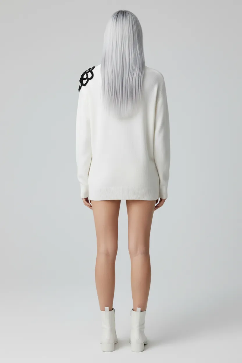 Black Floral Embroidered Polo-Neck Jumper