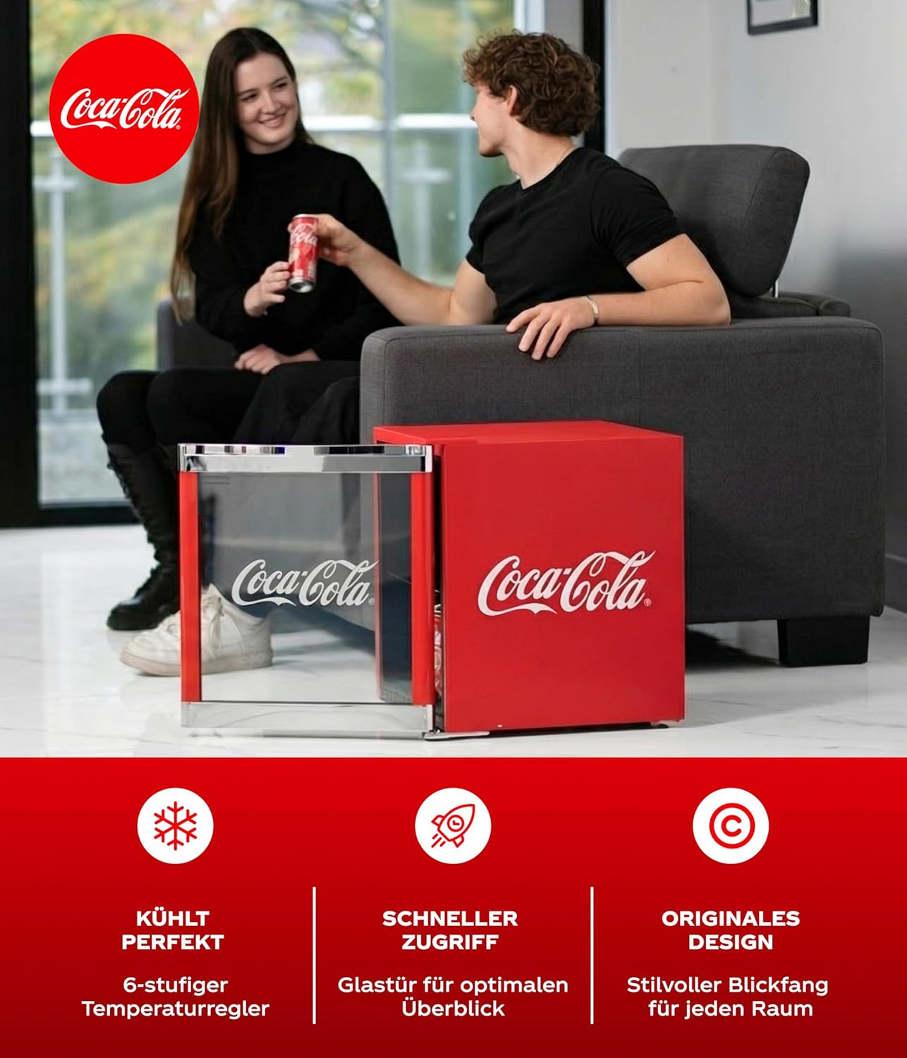 °CUBES Original Coca-Cola Mini Kühlschrank Rot 48L - Getränkekühlschrank mit Glastür, leise  und  energieeffizient - Für Büro, Partys  und  Gaming - Cooler Flaschenkühlschrank - Mini Kühlschrank für Getränke