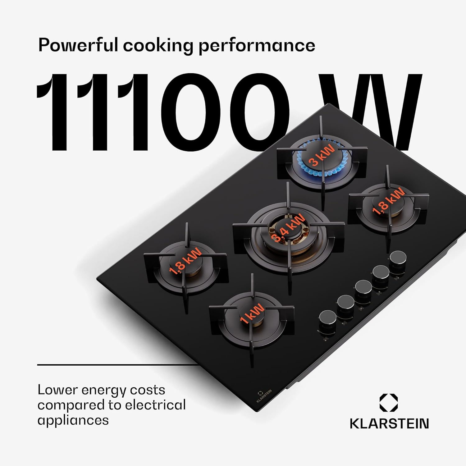 Klarstein Gasherd, Gaskochfeld 5 Flammen, Einbau-Gaskocher für Zuhause & Wohnmobil, Campingkocher mit Glasplatte, Gasherd für Propan- und Erdgas, Edelstahl Gas-Herdplatte Wok Brenner 10400 Watt