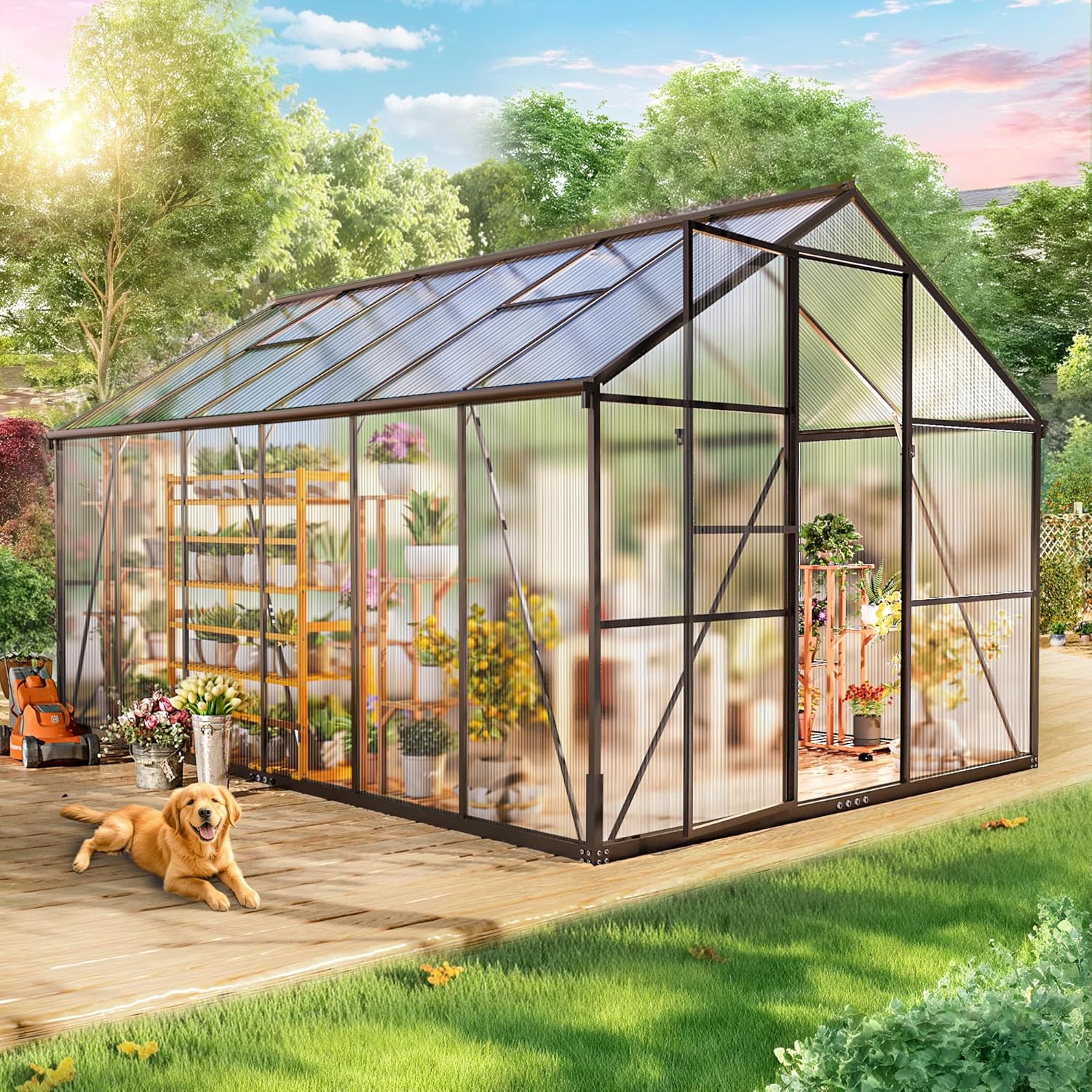 Gewächshaus Aluminium für den Garten, 362x247x205cm Gewächshaus Aluminium mit Fundament, Verstellbare Dachentlüftung, Vielseitig nutzbar als Winterfest Aufzucht Pflanzenhaus und Pflanzenhaus
