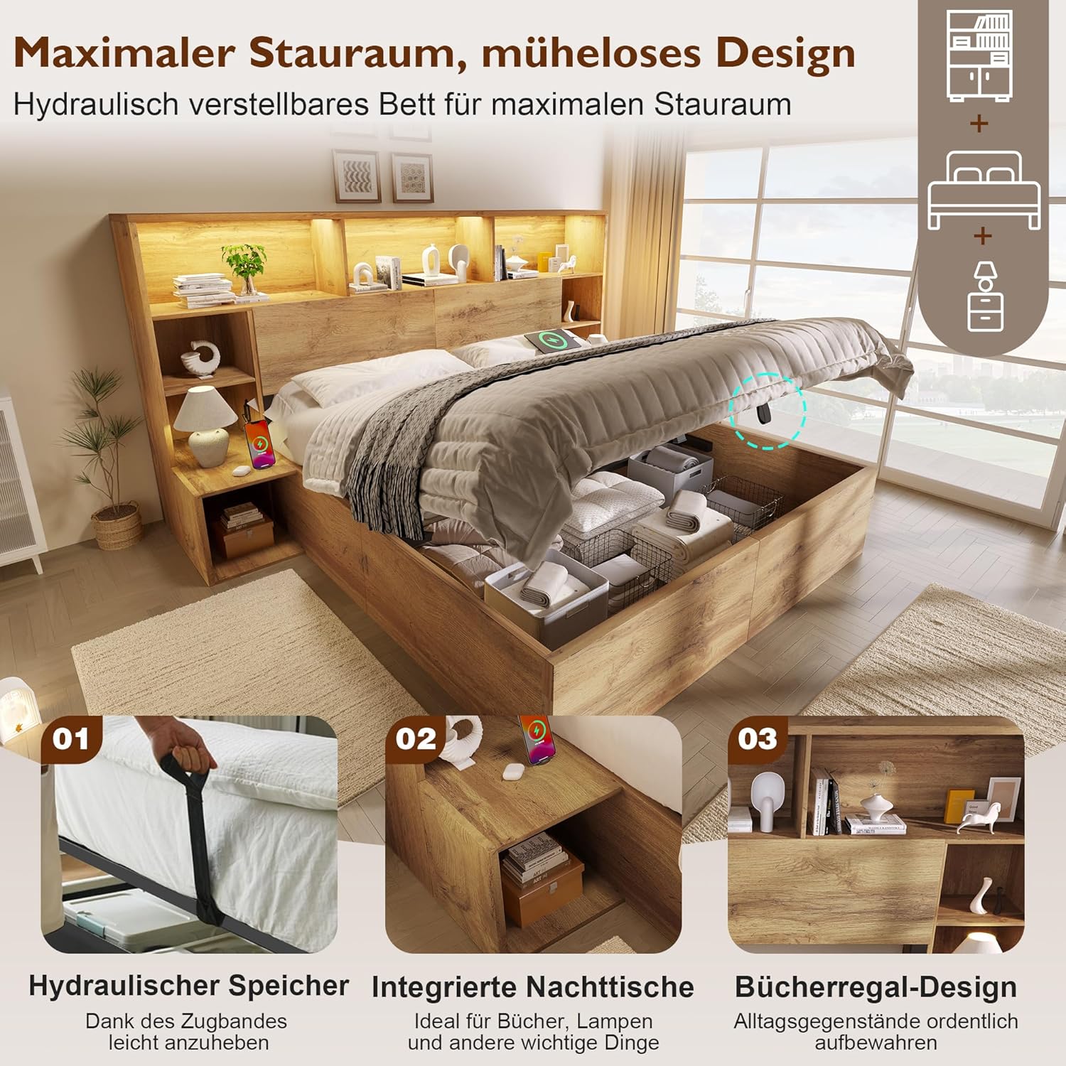 ANIROY Doppelbett Holzbett 180x200cm, Hydraulisches Stauraumbett mit Kopfteil, Stauraum-Kopfteil mit LED & USB-C-Anschluss, Systembett Bettgestell mit Lattenrost, ohne Matratze, Eiche