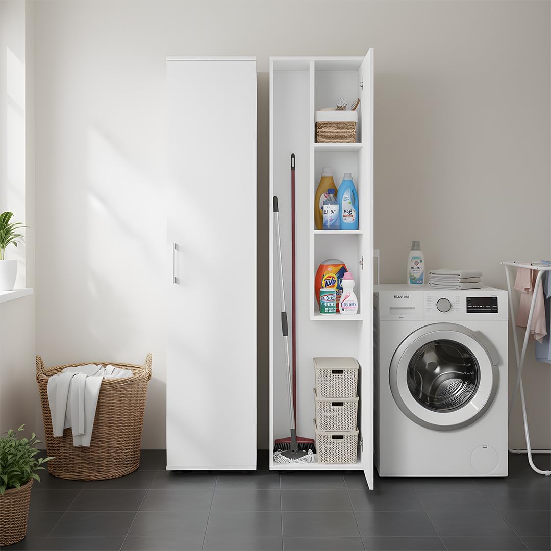 Bellamio Apol Besenschrank - Mehrzweckschrank 40 cm breit Weiß - Vorratsschrank mit Staubsaugerfach - Putzschrank aus Holz - Flurschrank mit Stauraum - Haushaltsschrank - Allzweckschrank 176x33x40 cm