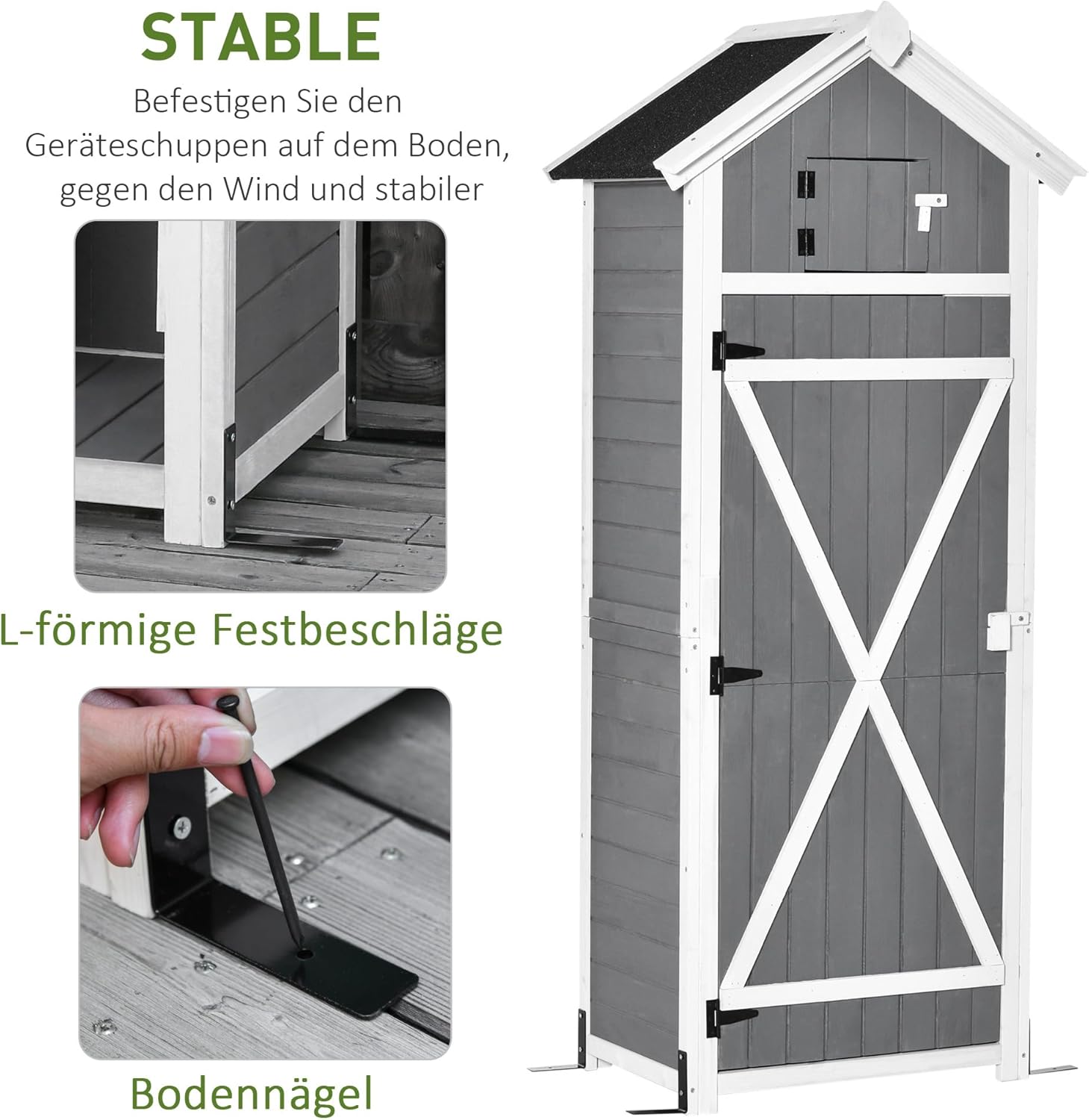 Outsunny Gartenschrank Holz, wetterfest 78x52,5x182cm Gerätehaus, Geräteschuppen mit Satteldach, Tür, Gartenschuppen mit faltbar Tisch, Haken, Geräteschrank Werkzeugschrank für Terrasse, Garten, Grau