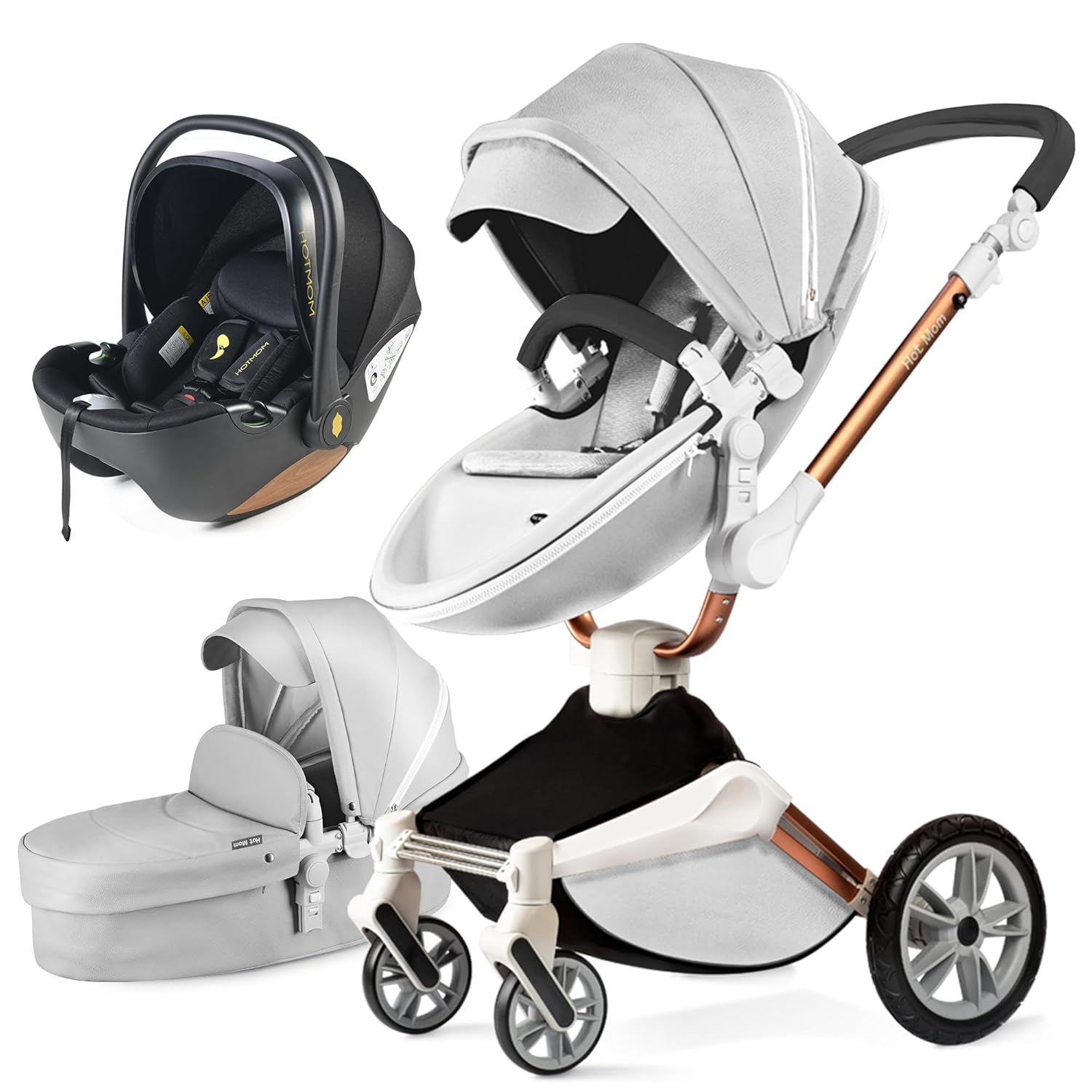Hot Mom Kinderwagen set mit 360° Drehfunktion, Kombikinderwagen 3-in-1. Ausgestattet mit PU-Reifen und Kunstledersitz und viele weitere Zubehören, Dunkelgrau