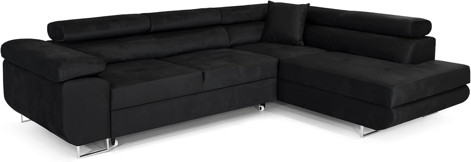 Ecksofa mit Schlaffunktion PASTI L-Form, Sofa Couch mit Bettkasten, 3-Sitzer Eckcouch, Schlafsofa für Wohnzimmer, Big Sofa Couch mit Schlaffunktion (Schwarz, Ottomane Rechts)