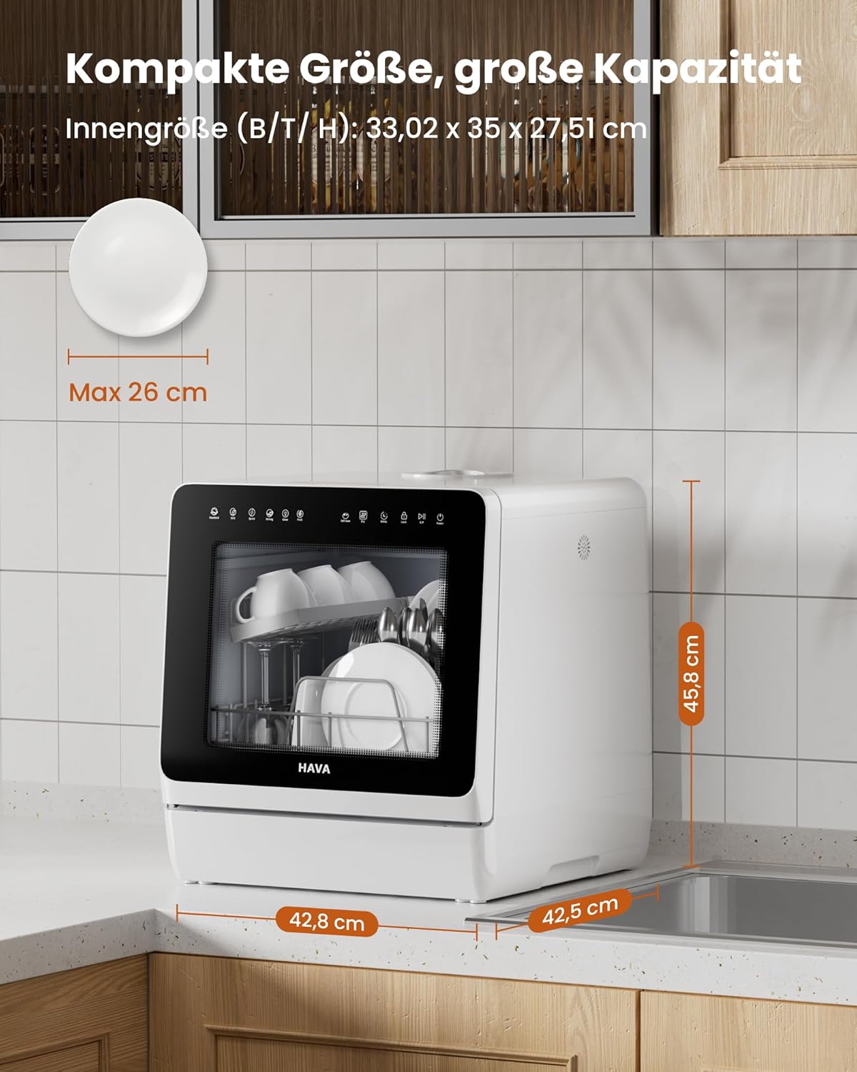 HAVA 2025 NEUE Tischgeschirrspüler mit Wasserenthärter und erhöhter Energieeffizienz, Spülmaschine mit 8 Programmen, Kindersicherung & verzögerter Start, keine Installation erforderlich
