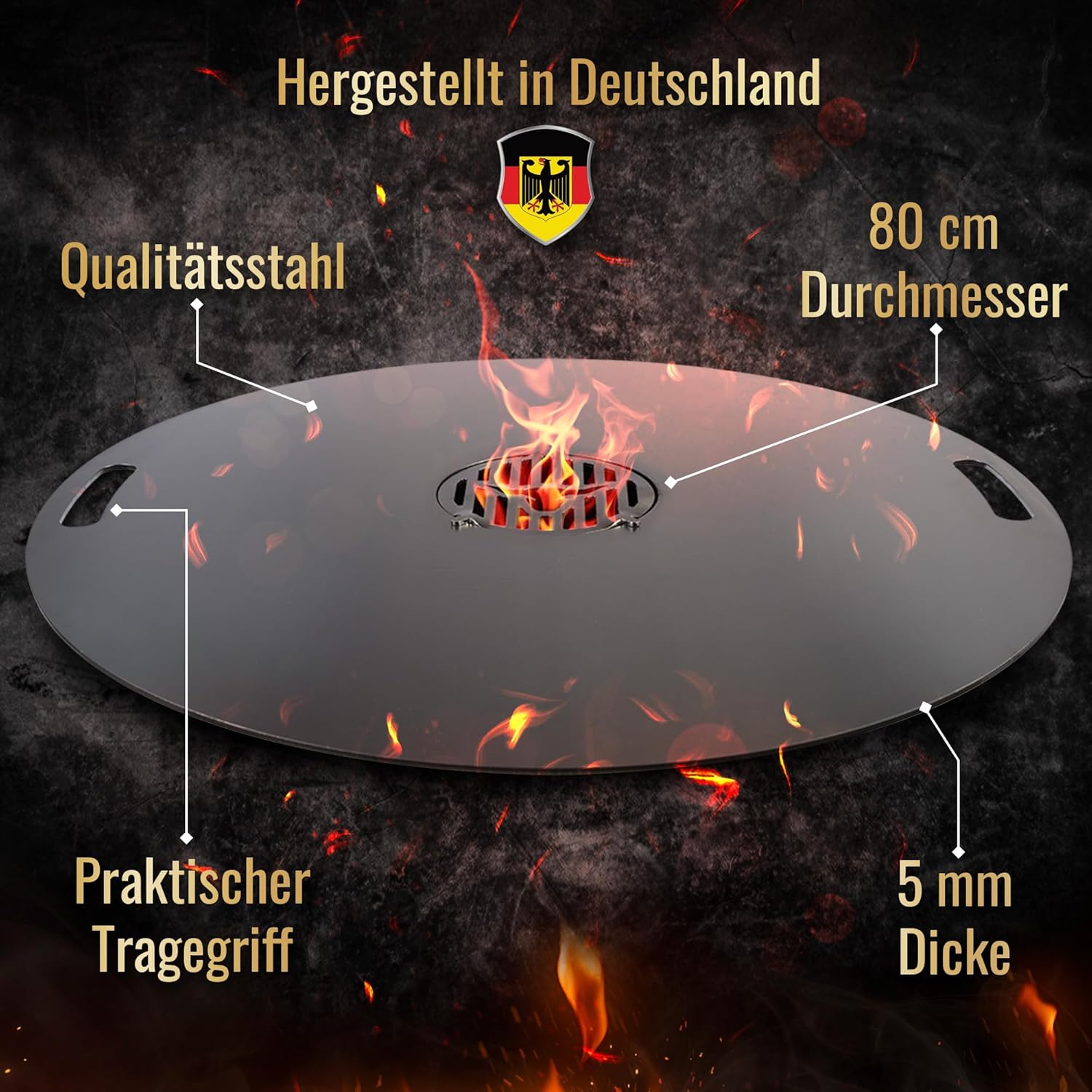 Feuerplatte für Kugelgrill Handgriffe 90 cm, 5 mm Stärke #921 – INKL. Grilleinsatz, Grillplatte für Feuertonne & Feuerschale, Massive Stahlplatte Plancha Grillring für BBQ & Teppanyaki