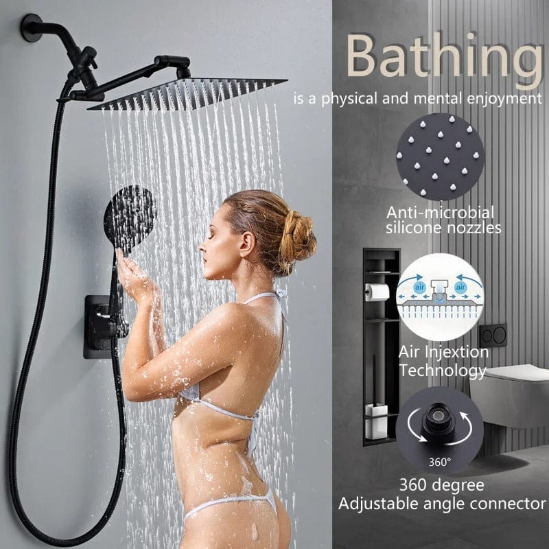 Luxury 8/10 Inch Black Rain Shower System – High Pressure Shower Faucet with 6-Mode Adjustable Hand Showerhead