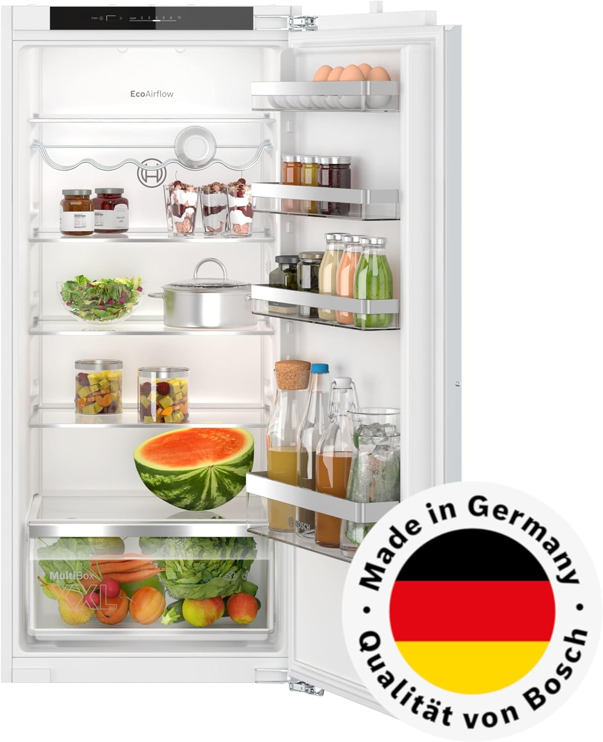 Bosch KIR41VFE0 Serie 4, Einbau-Kühlschrank, 122.5 x 56 cm Nische, 204 L, Flachscharnier, Made in Germany, FreshSense - konstante Innentemperatur, Multibox XXL- viel Platz für Obst und Gemüse, Weiß