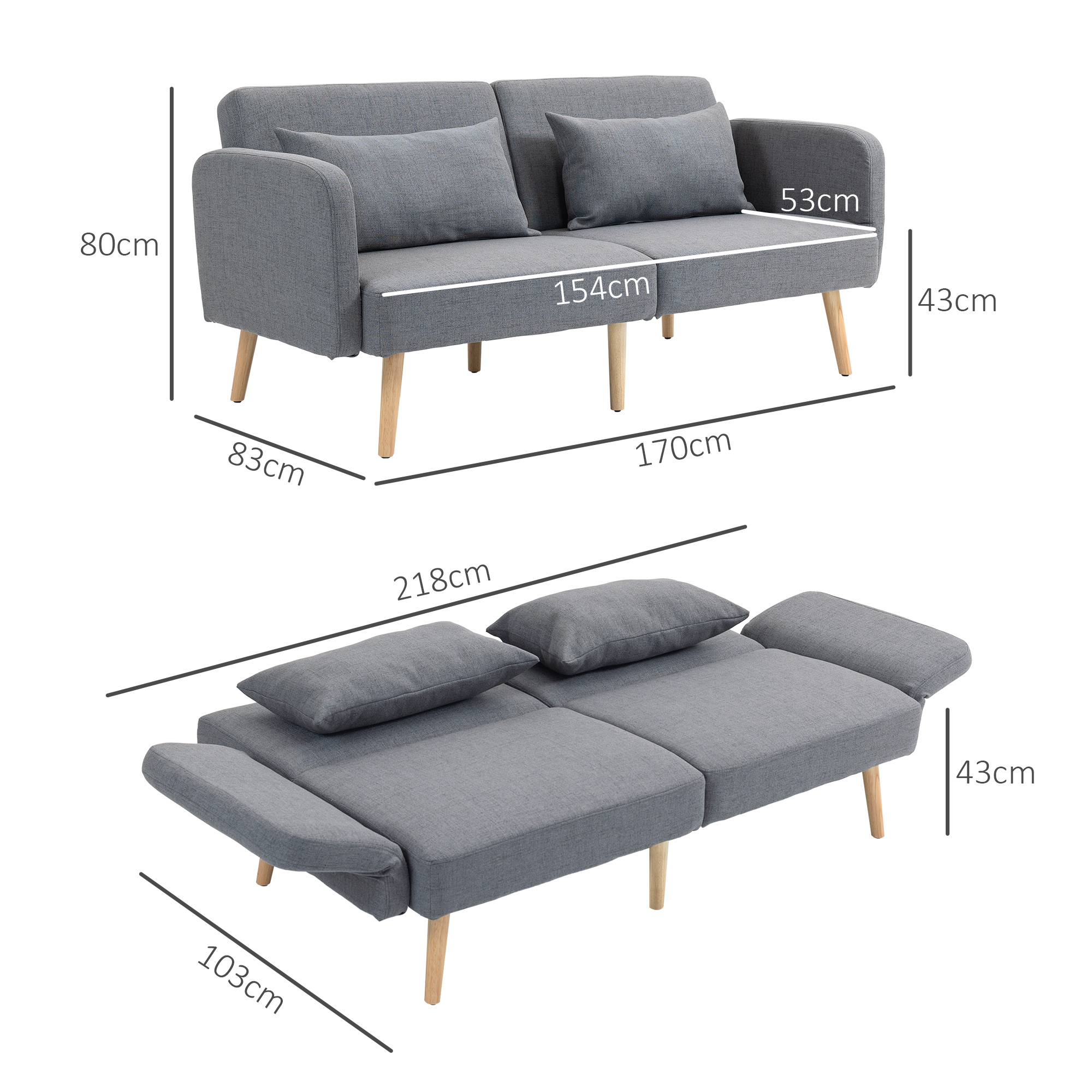 3-Zits Slaapbank, Gasten Tweepersoonsbed, tot 240 kg, Opklapbare Leuningen, Houten Frame, 170 x 83 x 80 cm, Grijs