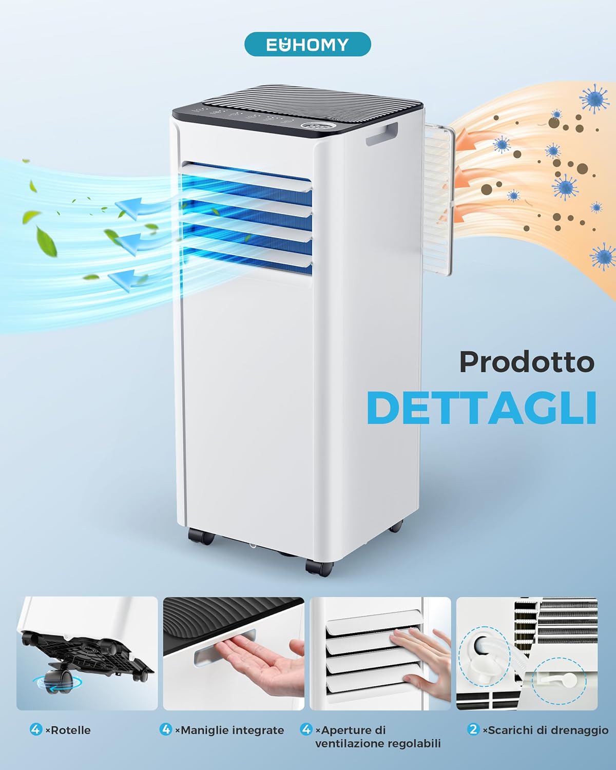 Mobile Klimaanlage 9000 BTU mit Abluftschlauch | 4-in-1 Mobiles Klimagerät | Leiser Betrieb
