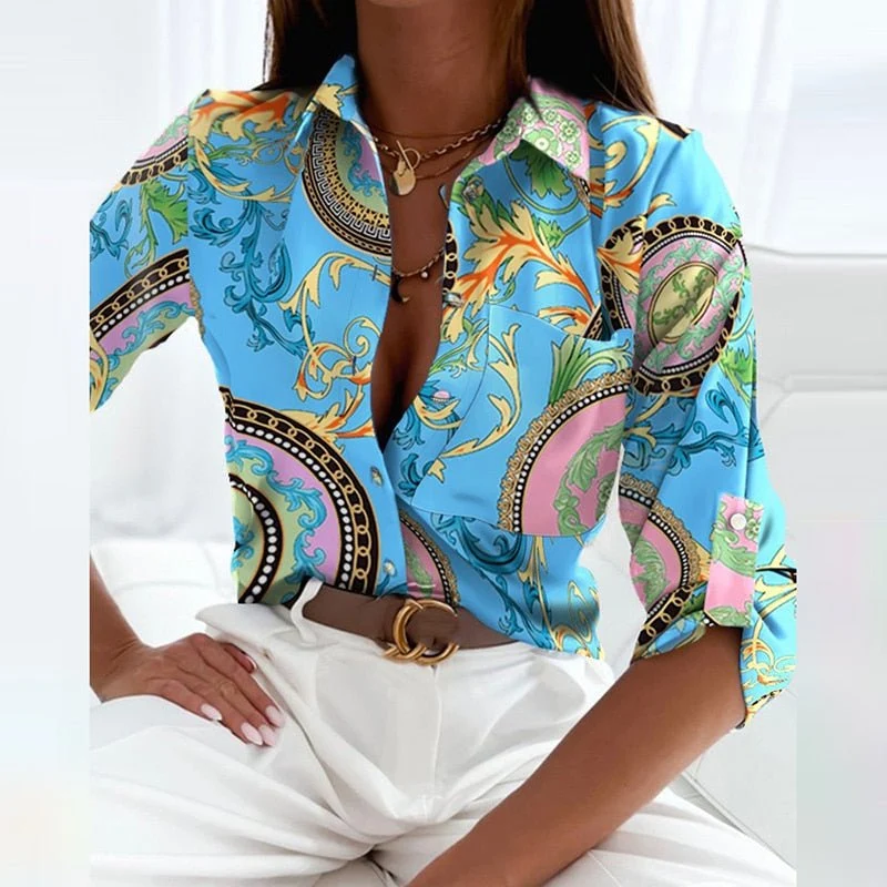 Damen Satinbluse mit Grafikprint und Reverskragen