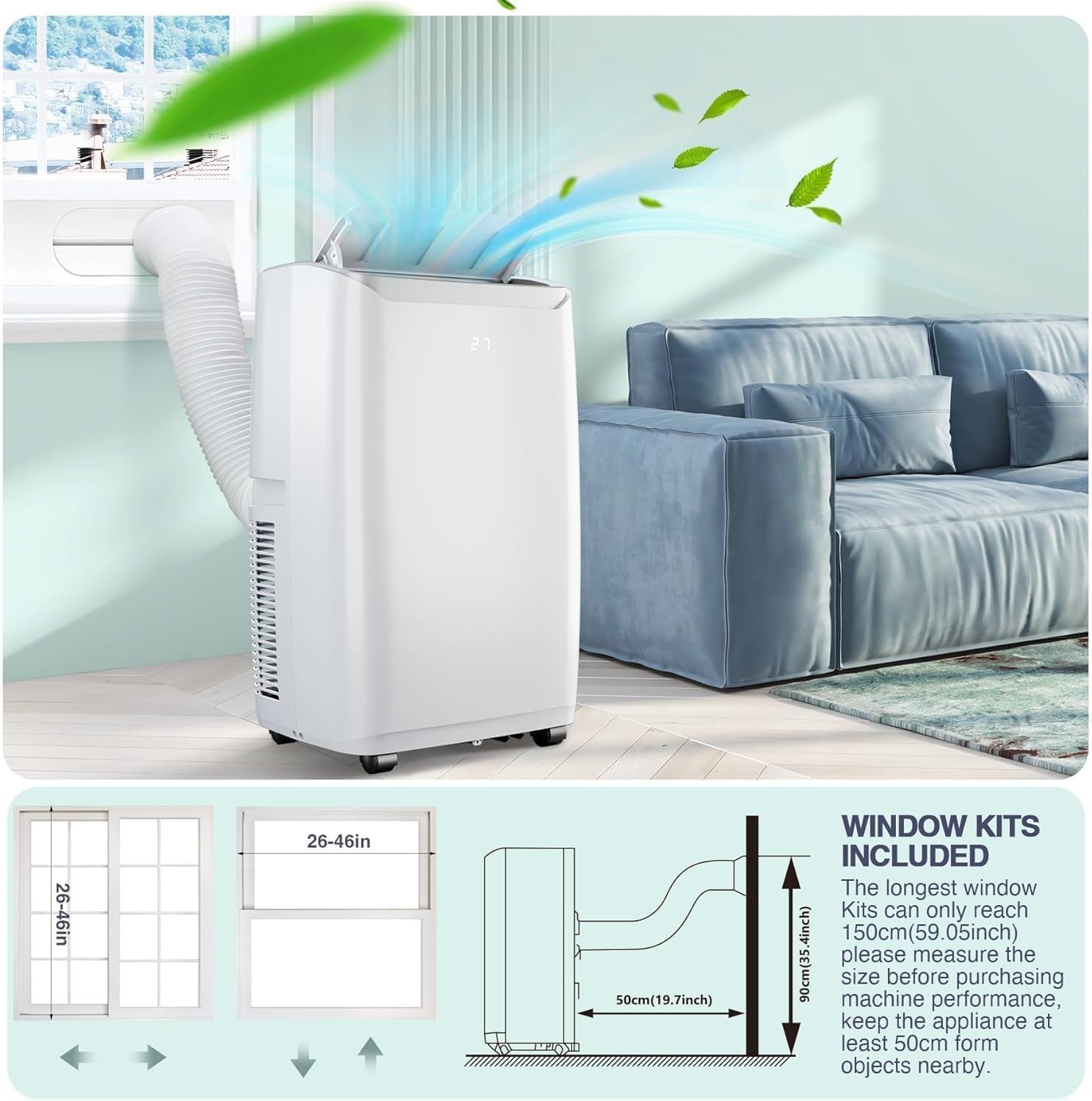 Tragbare Klimaanlagen, 12000 BTU Tragbarer AC für Räume bis zu 550 Sq.Ft, 3-in-1 AC mit schneller Kühlung, Luftentfeuchter & Drei-Geschwindigkeits-Lüfter, 24H Timer/Fernbedienung/Ultra Leise für