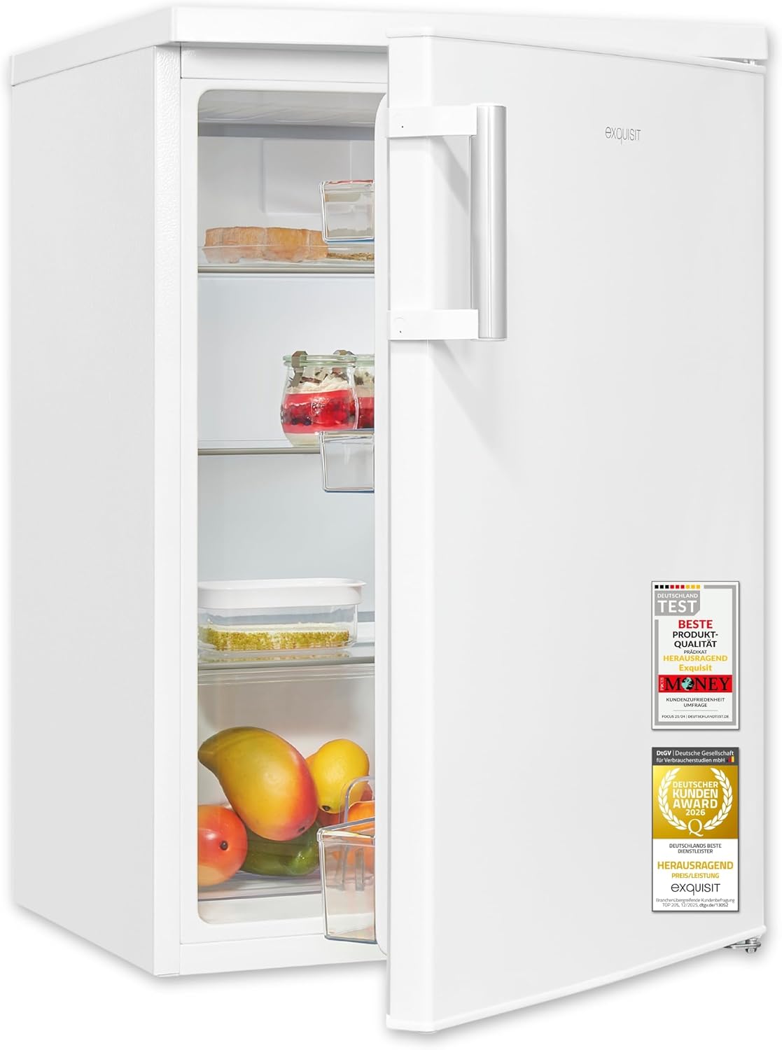 Exquisit Vollraumkühlschrank | 133 l Nutzinhalt, Energieklasse E, 40 dB(A) | kompakte Bauform, LED-Innenbeleuchtung, manuelle Temperaturregelung, Flaschenfach, Gemüseschublade | KS516-V-H-010E weiss