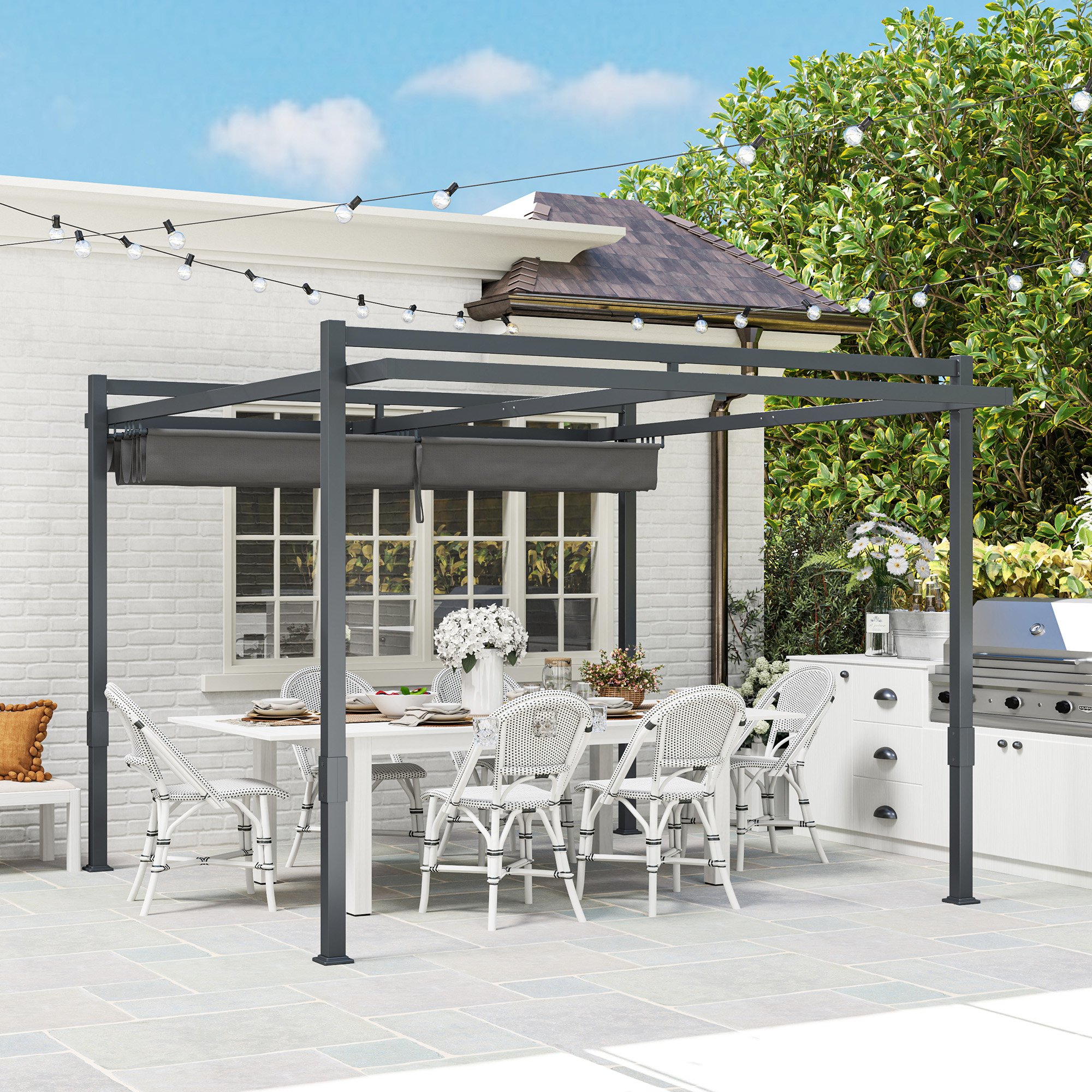 Pergola met Schuifdak ca. 3,5x3m Aluminium Duurzaam Winterbestendige Zonwering Grijs