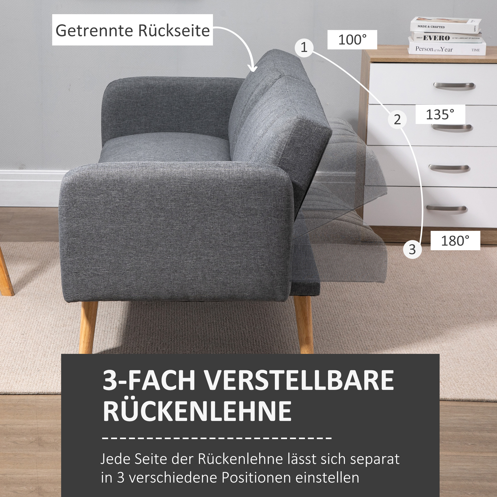 Multifunctionele Slaapbank 2-zits met Verstelbare Rugleuning en Slaapfunctie, Grijs