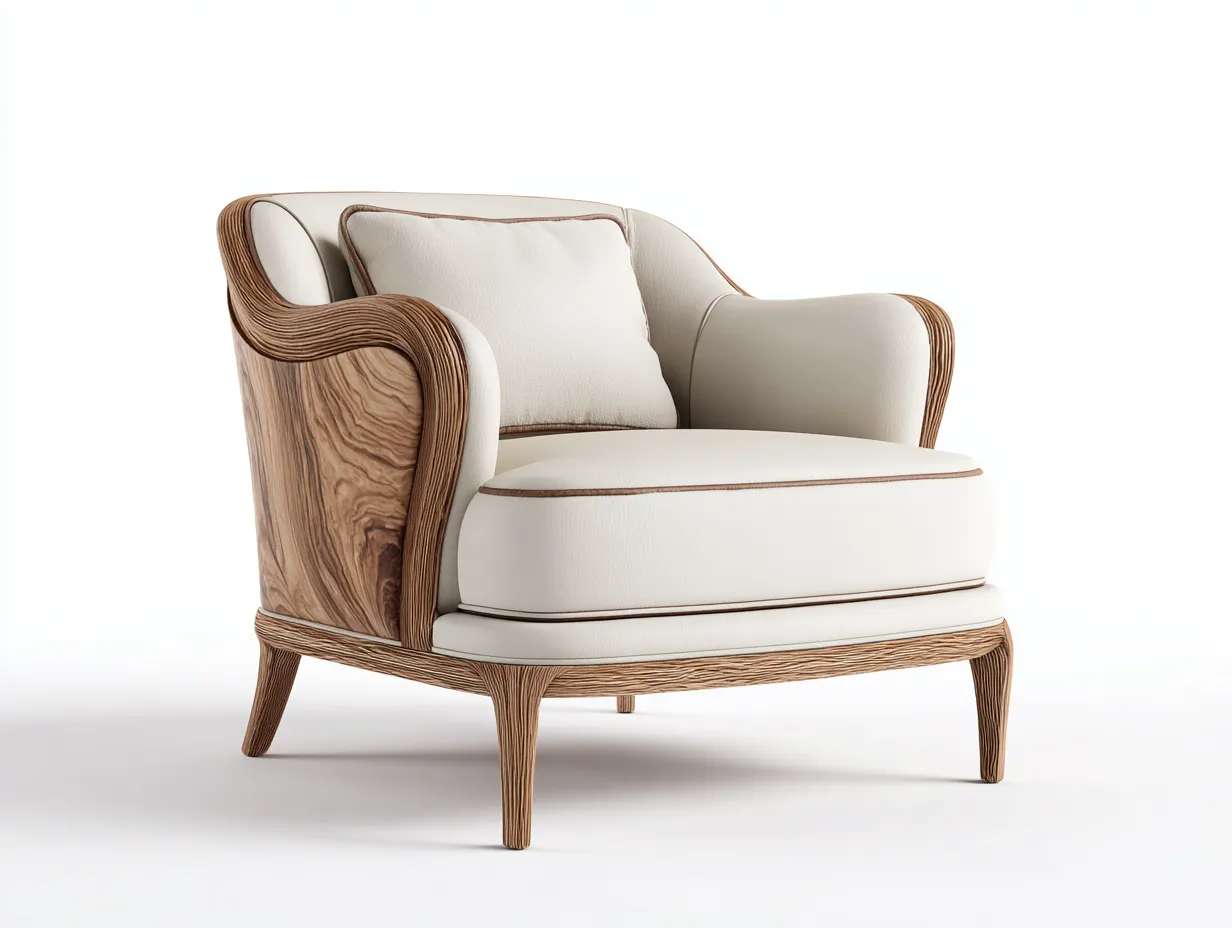 Stoffsessel-Leder-Holz-80x85x80 cm-Elfenbein-Luxuriöses Design