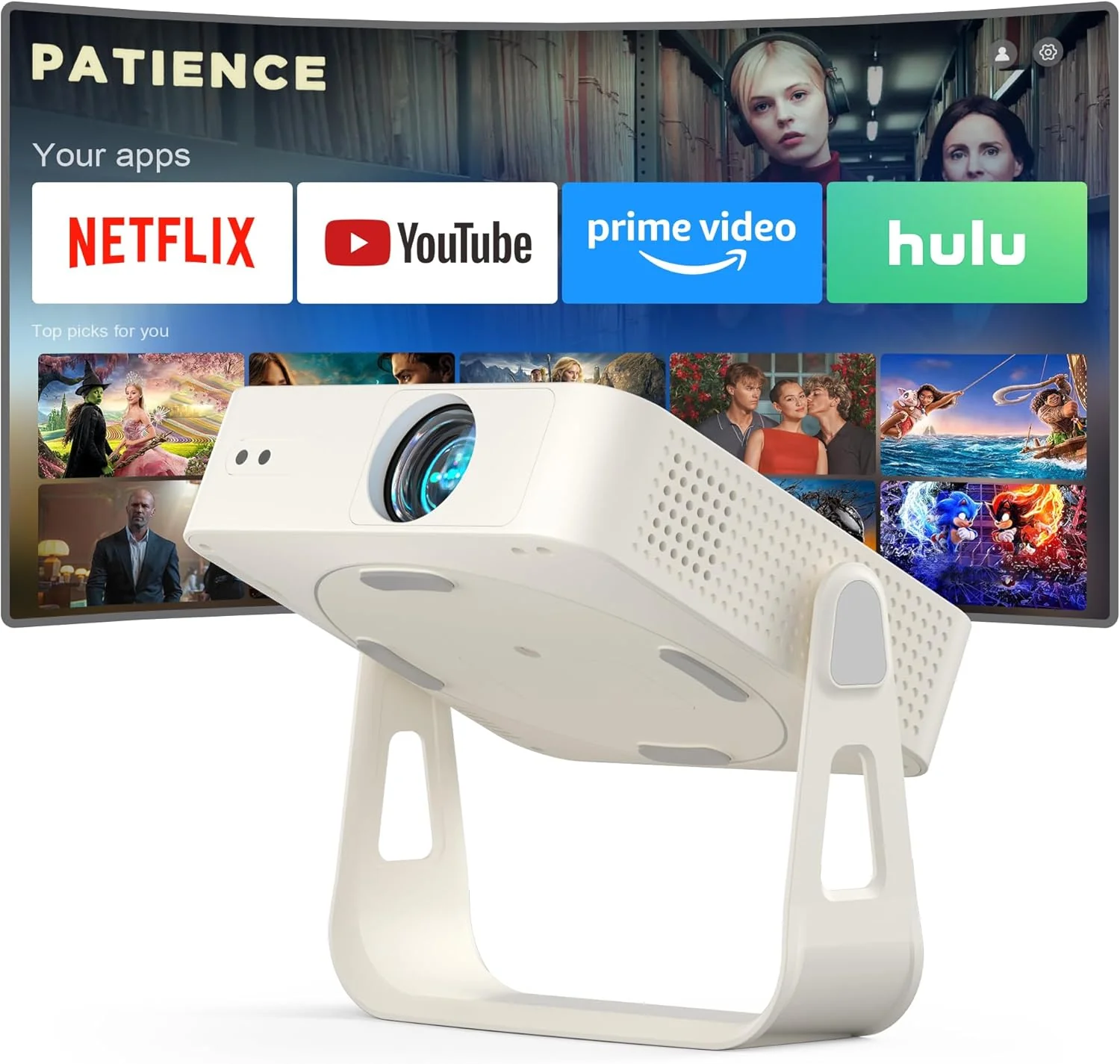 [Officially-Licensed App & Auto Focus]White Smart Mini Projector with WiFi and Bluetooth