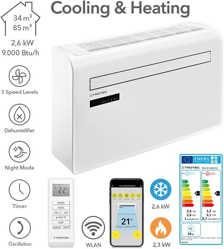 TROTEC Climatiseur mural PAC-W 2650 SH | Climatisation 4 en 1: refroidisseur, chauffage, ventilateur, déshumidificateur | avec intégration WLAN et commande par smartphone
