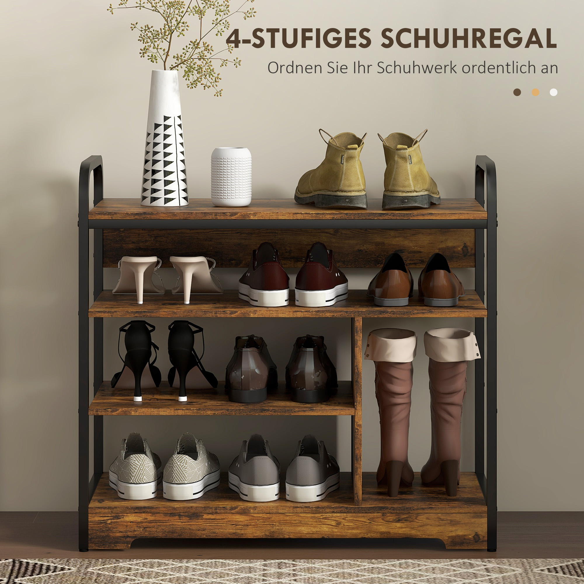 Schoenenrek 4-Laags, Open Ontwerp, Metalen Frame, Verstelbare Voetjes, 70x30x65 cm, Bruin/Zwart