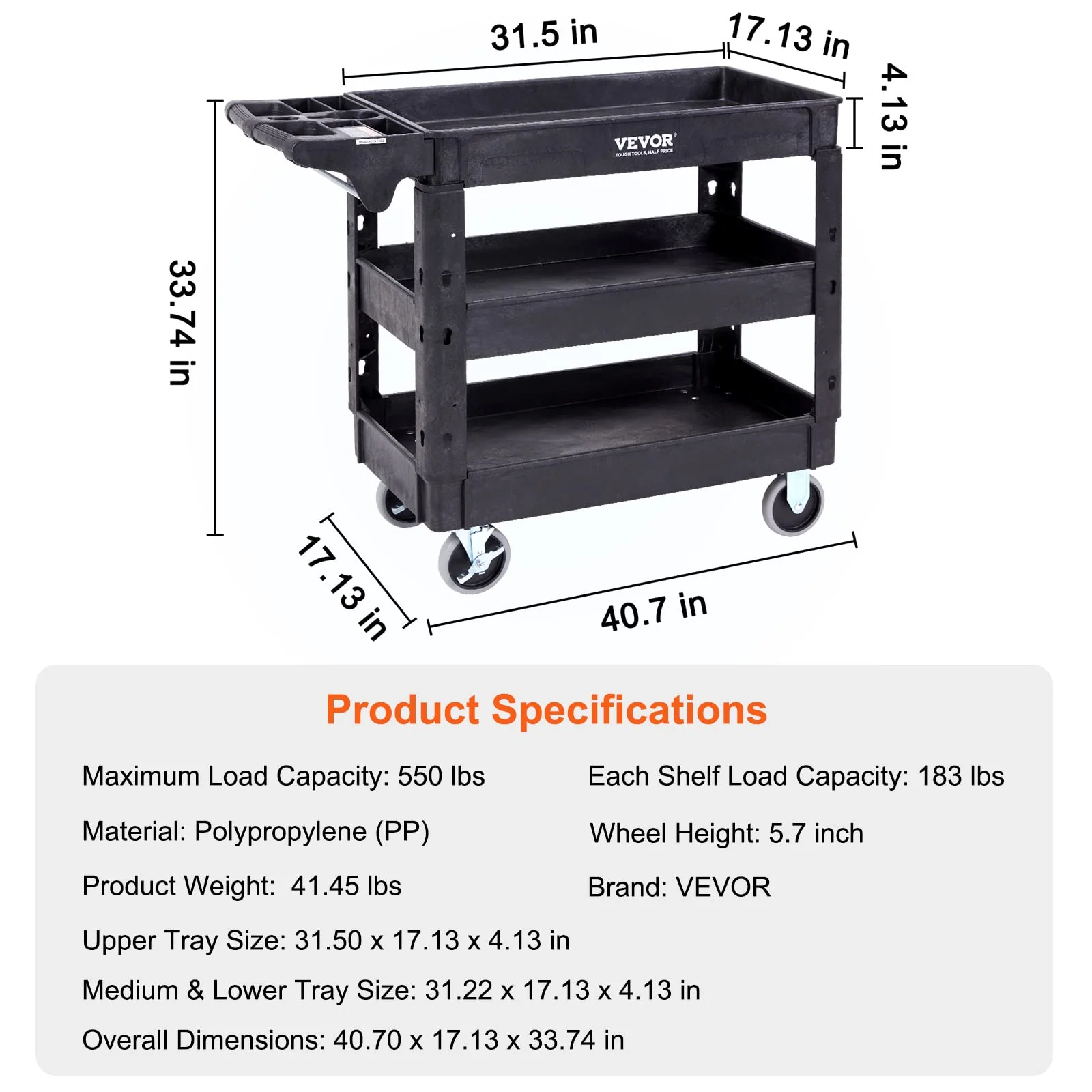 VEVOR 3 Shelf 550LBS Heavy Duty Plastic Rolling Utility Cart