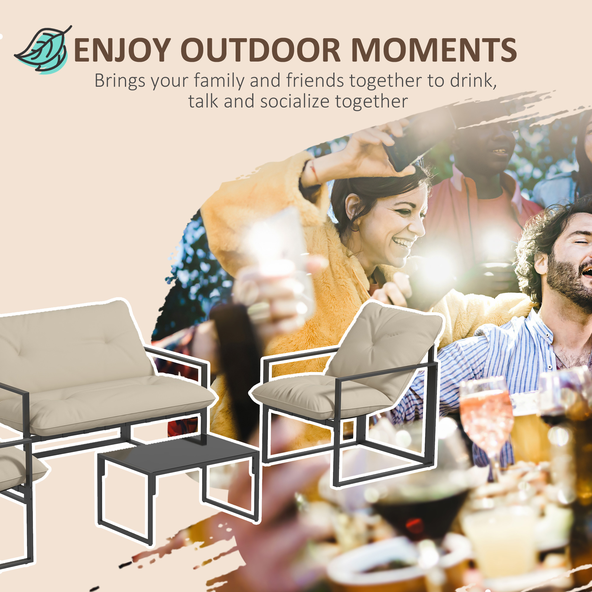 Tuinmeubelset met Glazen Tafel, 2 Stoelen, 1 Bank, Weerbestendig, 114 cm x 70 cm x 67 cm, Grijs+Beige