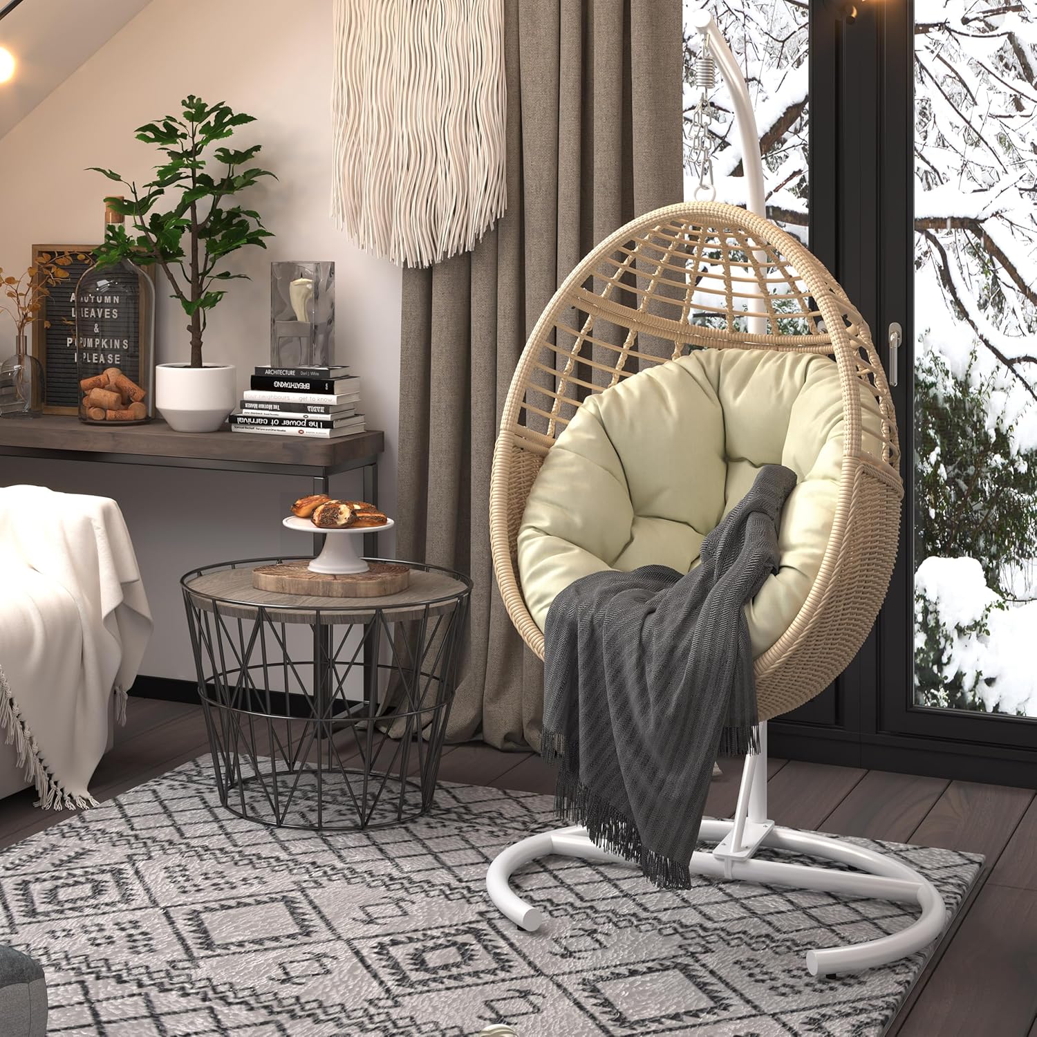 Korb Hängesessel mit Gestell: Wetterfestes Handgeflochtene PE-Rattan Schwebesessel mit Standfuß, Outdoor Indoor Schaukelstühle mit Polsterung für 150KG Terrasse Balkon Garten Schlafzimmer, Beige