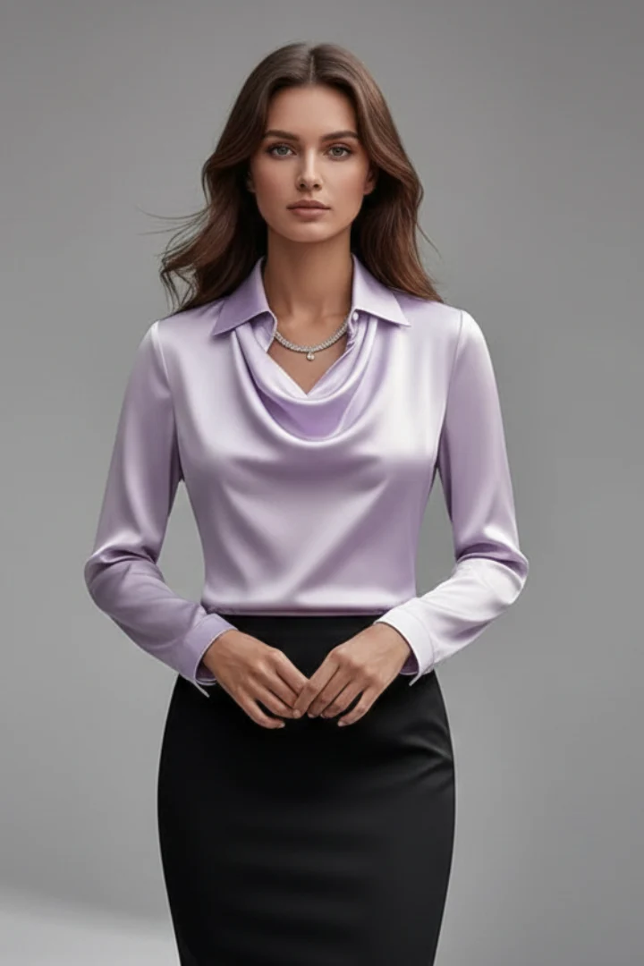 Satinbluse Damen mit Wasserfallausschnitt und Langarm | Elegante Bluse mit flie?endem Fall und geradem Schnitt f��r das Layering