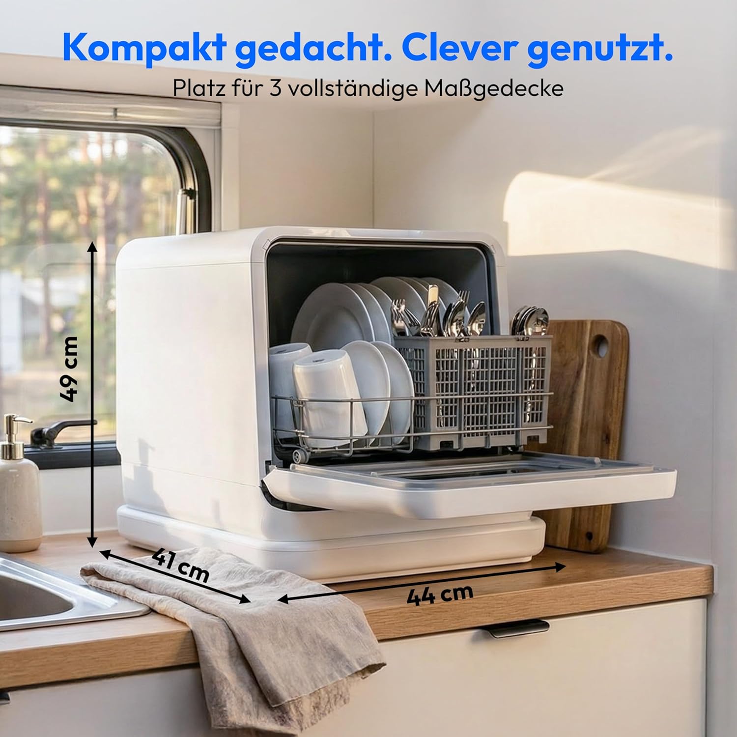 MEDION Mini Geschirrspüler DWT30, 3 Maßgedecke, Tischgeschirrspüler, funktioniert mit/ohne Wasseranschluss, 6 Programme, UV-Licht, Lüfter-Trocknung, Touch-Display, freistehend, MD370022