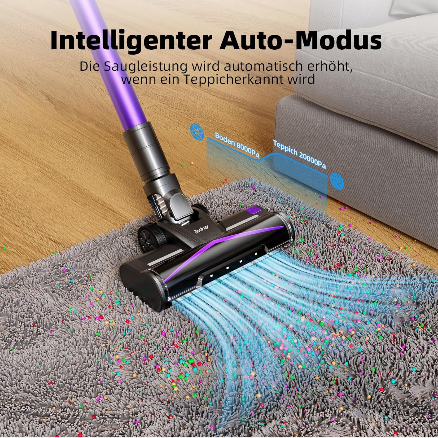 Redkey X18 Accu Stofzuiger, 500W 33000Pa Ultrahoge Zuigkracht, 65 Minuten Ultralange Accuduur, Intelligente Automatische Modus, 8-in-1 Draadloze Stofzuiger met LED-Borstel, 2000mAh Verwisselbare Accu