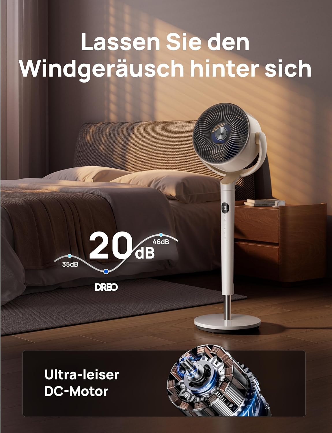 Dreo Smart Standventilator mit RGB Light, 120° +120° Oszillierender Ventilator mit Fernbedienung, 20dB Leiser Bodenventilator für Schlafzimmer, 8H Timer, Silber