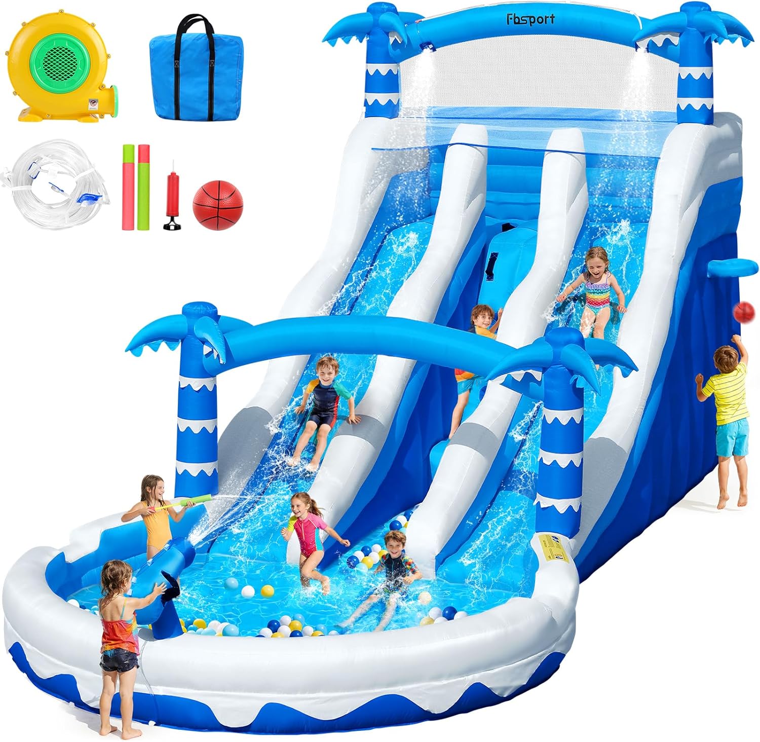 Hüpfburg XXL mit 2 Wasserrutsche für Gewerblichen Erwachsene & Kinder, Aufblasbare Bouncy Castle für Indoor Outdoor mit Gebläse Größe Pool Rutsche Korb Sprinkleranlage und Kletterwand, 630x290x285 cm