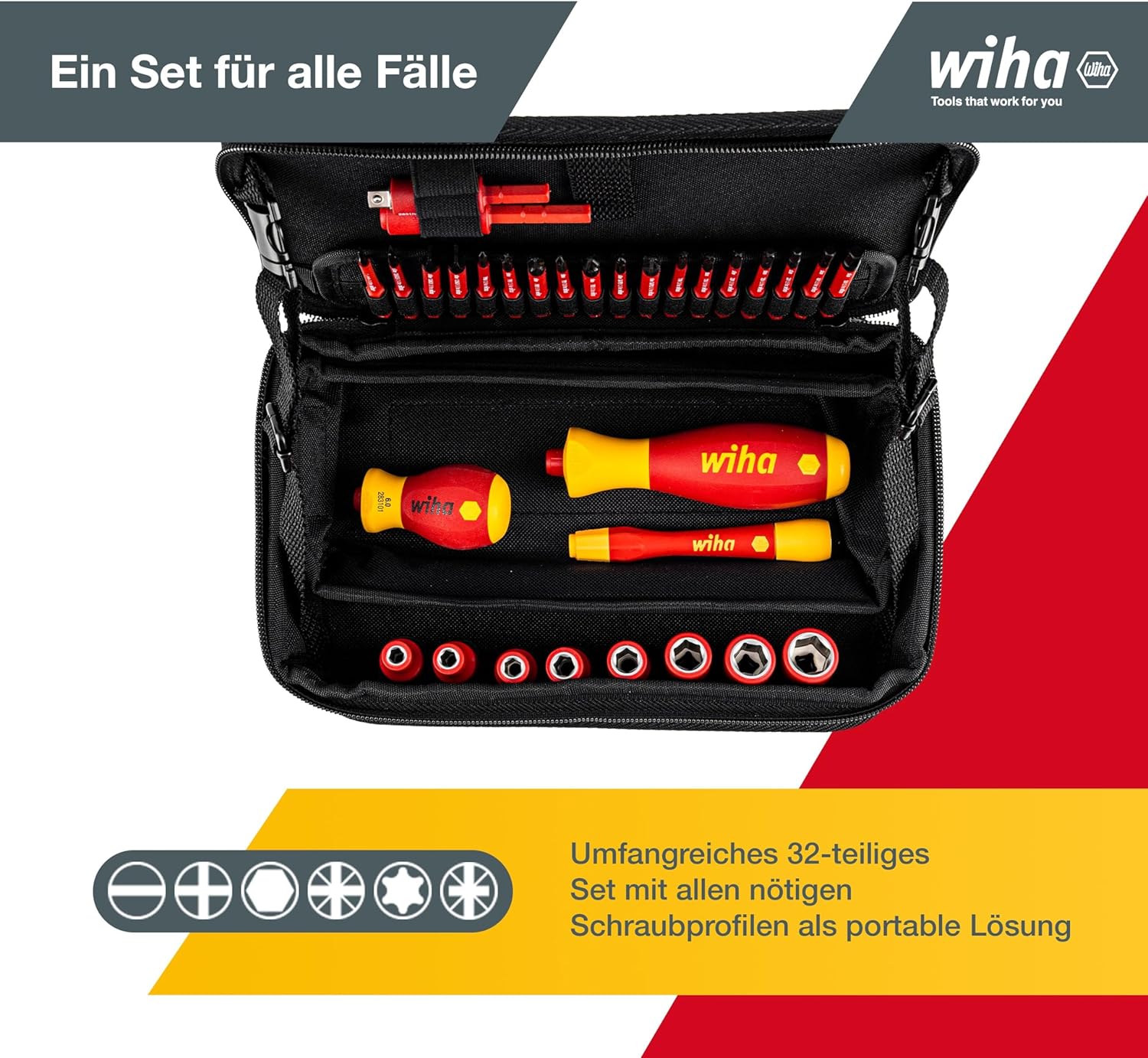 Wiha Elektriker Werkzeug Set slimVario® - 32-teiliges Wechselbitsystem inklusive Funktionstasche & vollisolierten Steckschlüsseln (43465)