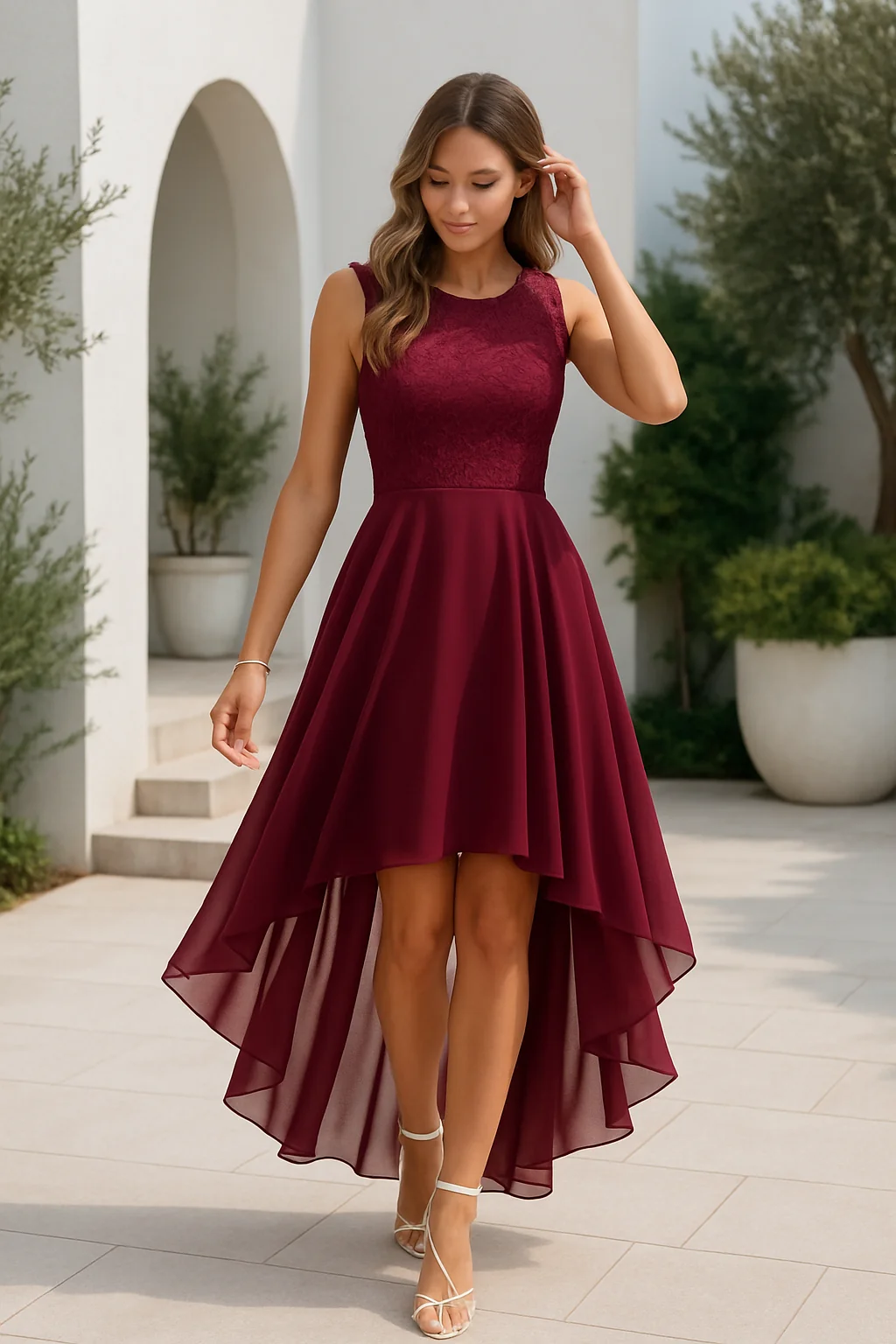 Damen Midikleid ?rmellos mit asymmetrischem Saum | Elegantes tailliertes Sommerkleid mit flie?endem Rock f��r festliche Anl?sse