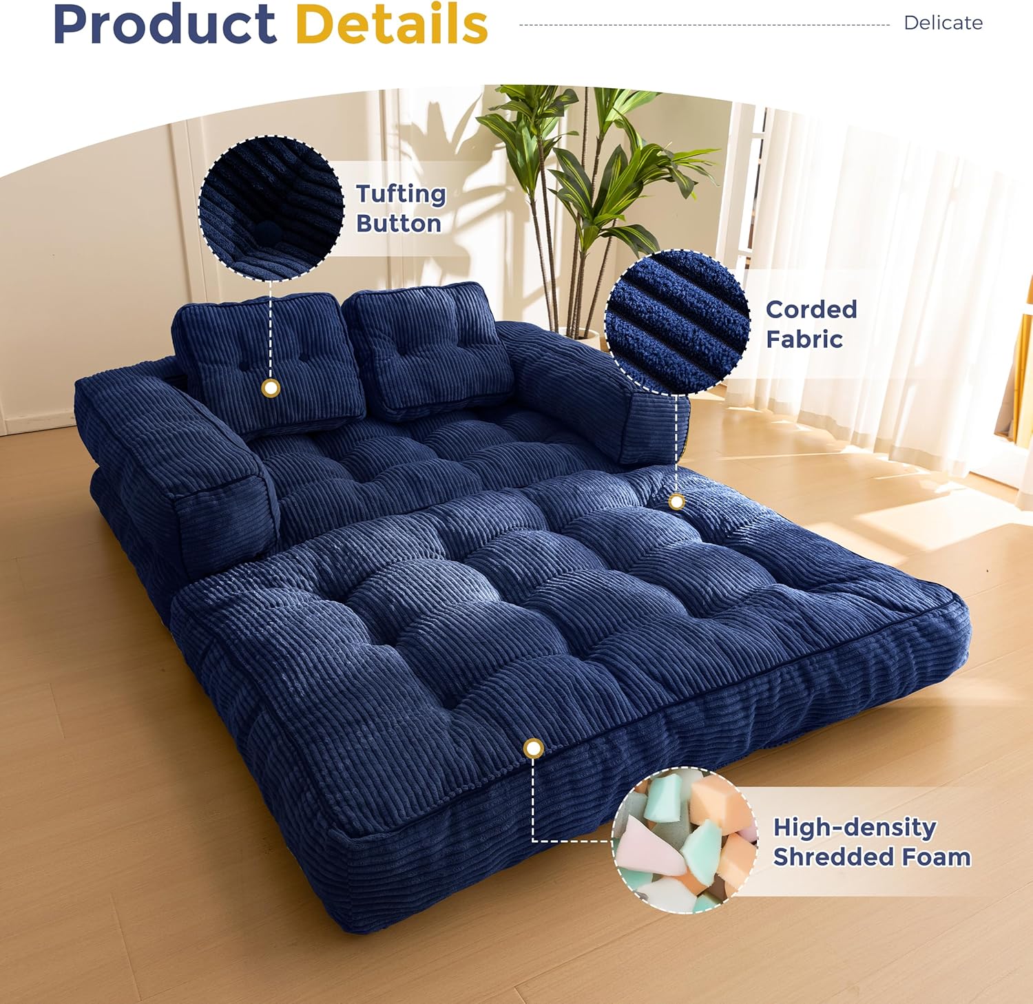 Folding Sofa Bed L-Shaped Convertible Sofa Bed with Armrests and Pillows